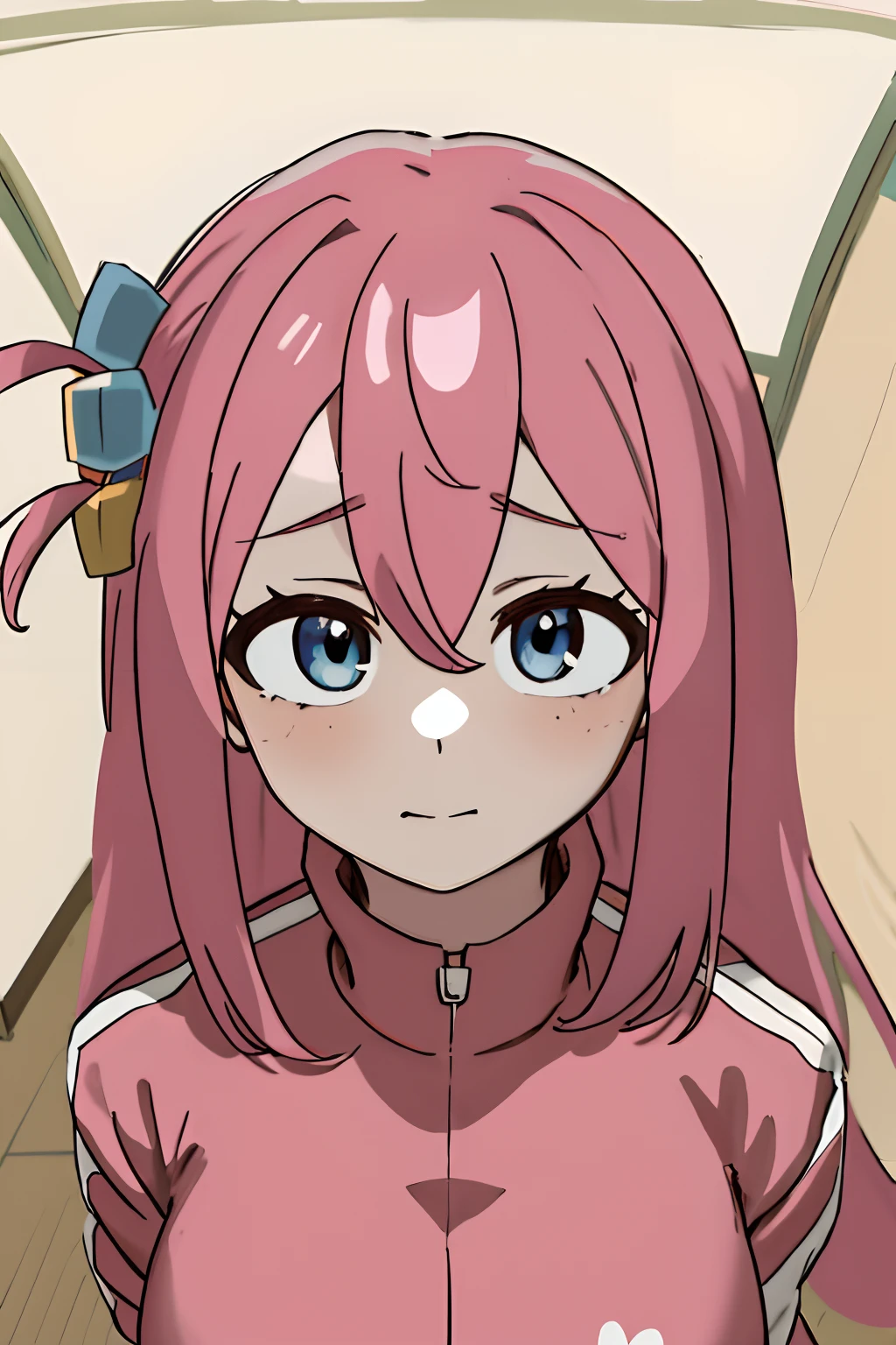 masterpiece, best quality, highres, gotou1, gotou hitori, solo, bangs, hair between eyes, ((portrait)), pink tracksuit, detiled eyes, big boobs, classroom