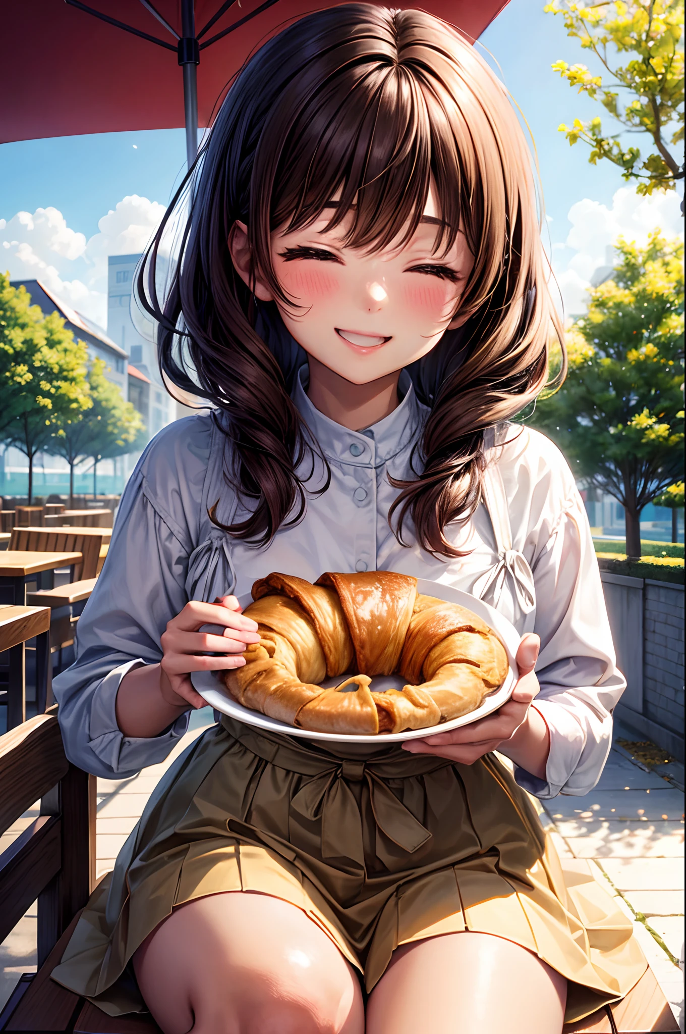 Best Quality、Light brown skin、Eat croissants on the café terrace、Biting into bread、Autumn clothes、Drawn up to the knee、、Bob Hair、 woman、Very cute、Close your eyes and smile、Smile with eyes closed、Brown hair、Schools、I want to blush、Peek、Colored leaves、Wink、twinkling、Kamimei、