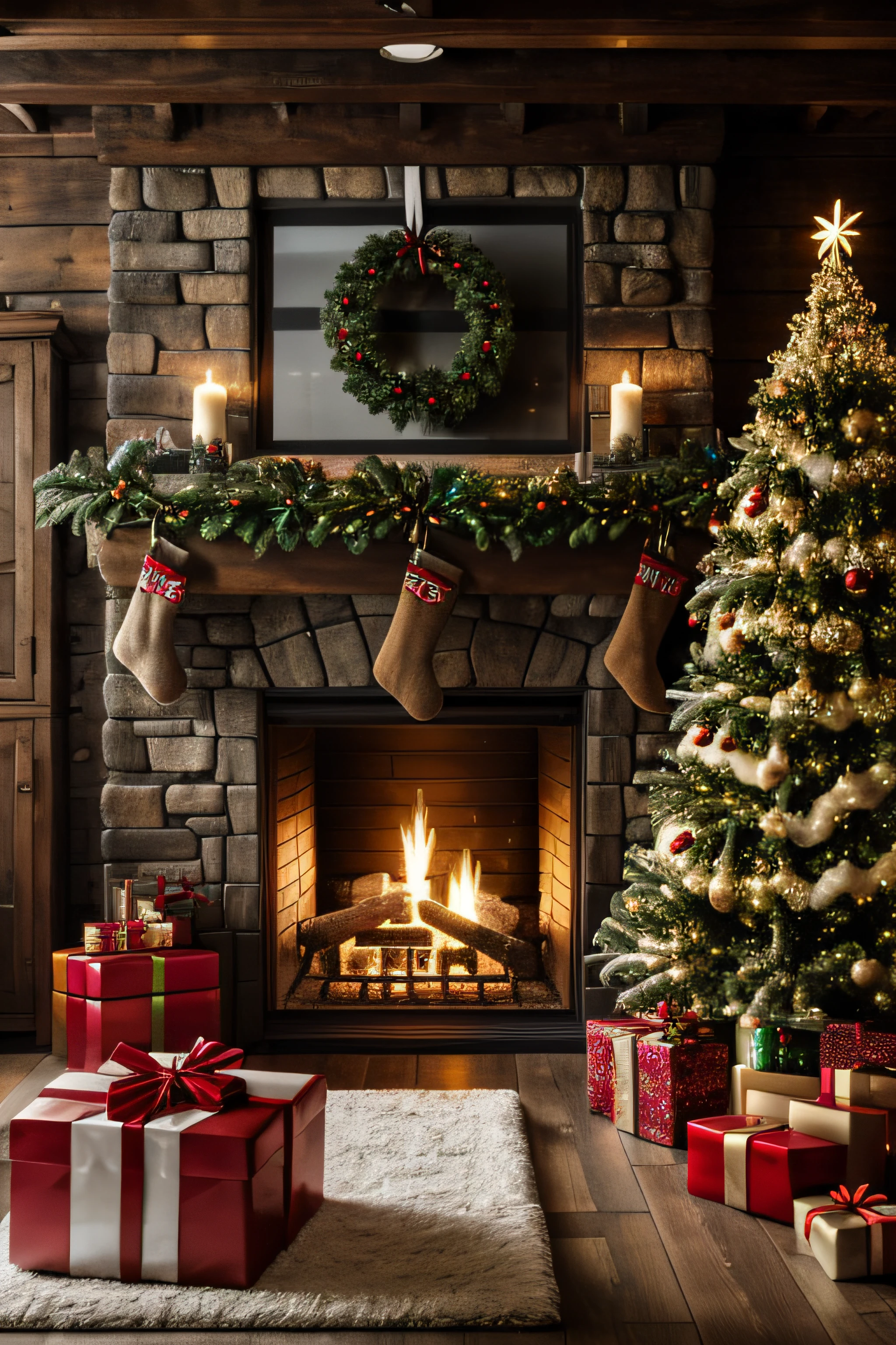 masterpiece, first-person view, interior of a room, (a fireplace with Christmas decorations), a Christmas tree on the left side with gifts at its base, rustic stone wall, wooden floor, Raw photo, hyper-realistic, maximum details intricate details,