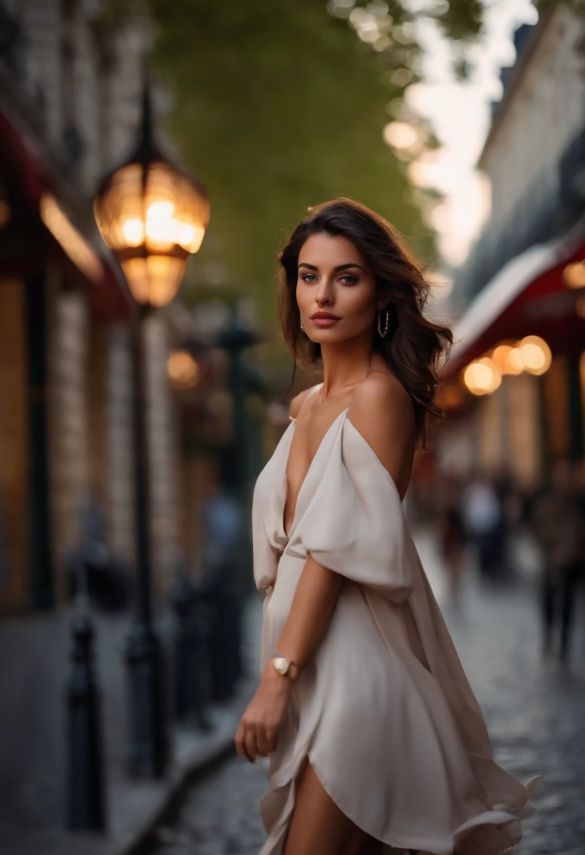 Sexy young brunette woman walks through the streets of Paris in realistic evening