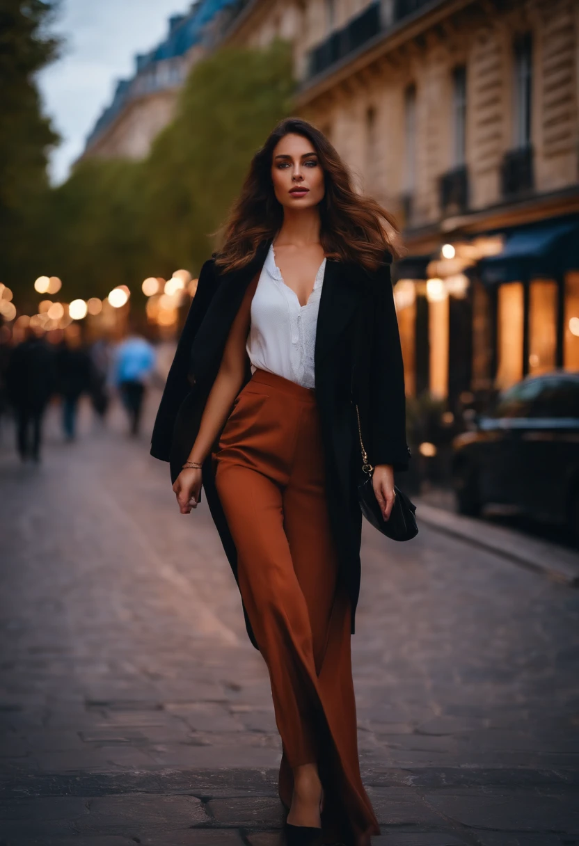Sexy young brunette woman walks through the streets of Paris in realistic evening