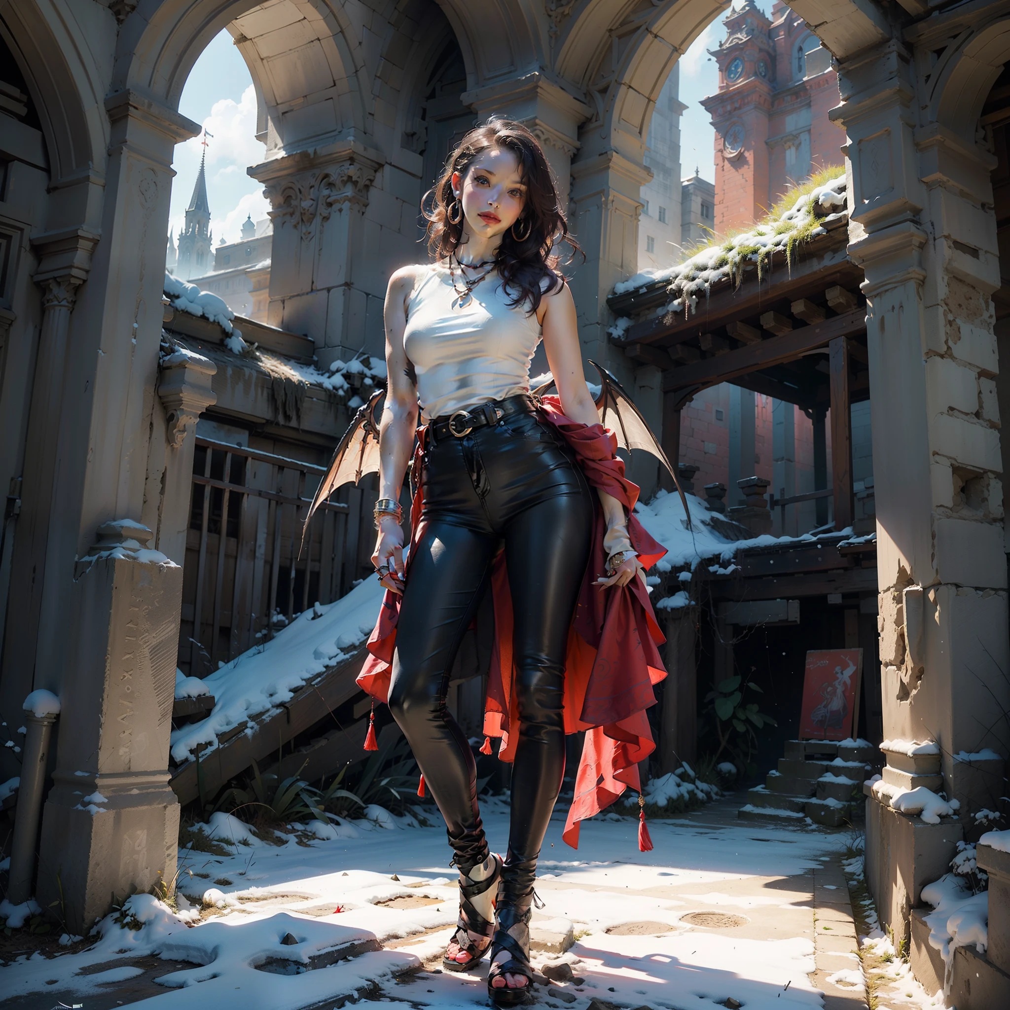 (Numerous award-winning masterpieces of, With incredible details, textures and maximum detail), (full-body standing image:1.8), (Ultra photo realsisim:1.4), (up of the upper body:0.3), (Realistic:1.3), (best quality real texture skin), (Fine true circle Symmetrical eyes), (A beautifully drawn face), (Decadence image: 1.5), (aesthetic image: 1.5), (Seductive image:1.2), ((medieval world)), ((The Lord's Black Devil)), ((The Lord's White Devil)), (icy look in the eye), (She has a mischievous smile on her face), (Eyes that glow red in the dark:1.5), (Many devils dance in the background), (Dramaticlight), (A majestic sight), (Her countenance is gentle and beautiful, but somehow terrifying), ((large wings,The feathers are behind the shoulders)), (Folded wings), Glass earrings on the ears, (full-body standing image:1.8), (((Dramatic photo))), (Twilight), (Sunset), (Dusk), (Seduction pose), (dramatic pose), (Golden hair), (Silver hair), (maroon hair), short detailed hair, ((full-body portraits)), ((head looking up)), ((Looking down)), (Around her neck is a simple necklace of exquisite workmanship), (swirling fire), (Spin lightning), (Swirling snow and ice), (full-body standing image:1.8), Old ruins infested with plants, great temple, great cathedral, Temple ruins, detached temple, Luminous magic circle, Ancient Castle Site, Deserted ruins, crumbling ruins, Ancient ruins with clear water, wavelets, running water, Shining majestic cloud masses and sky, salama, epic realistic, ((com cores neutras)), (hdr:1.5), (pastel colour:1.2), ultra - detailed, Cinematic, warm lights, Dramaticlight, (Intricate details:1.1), the complex background,