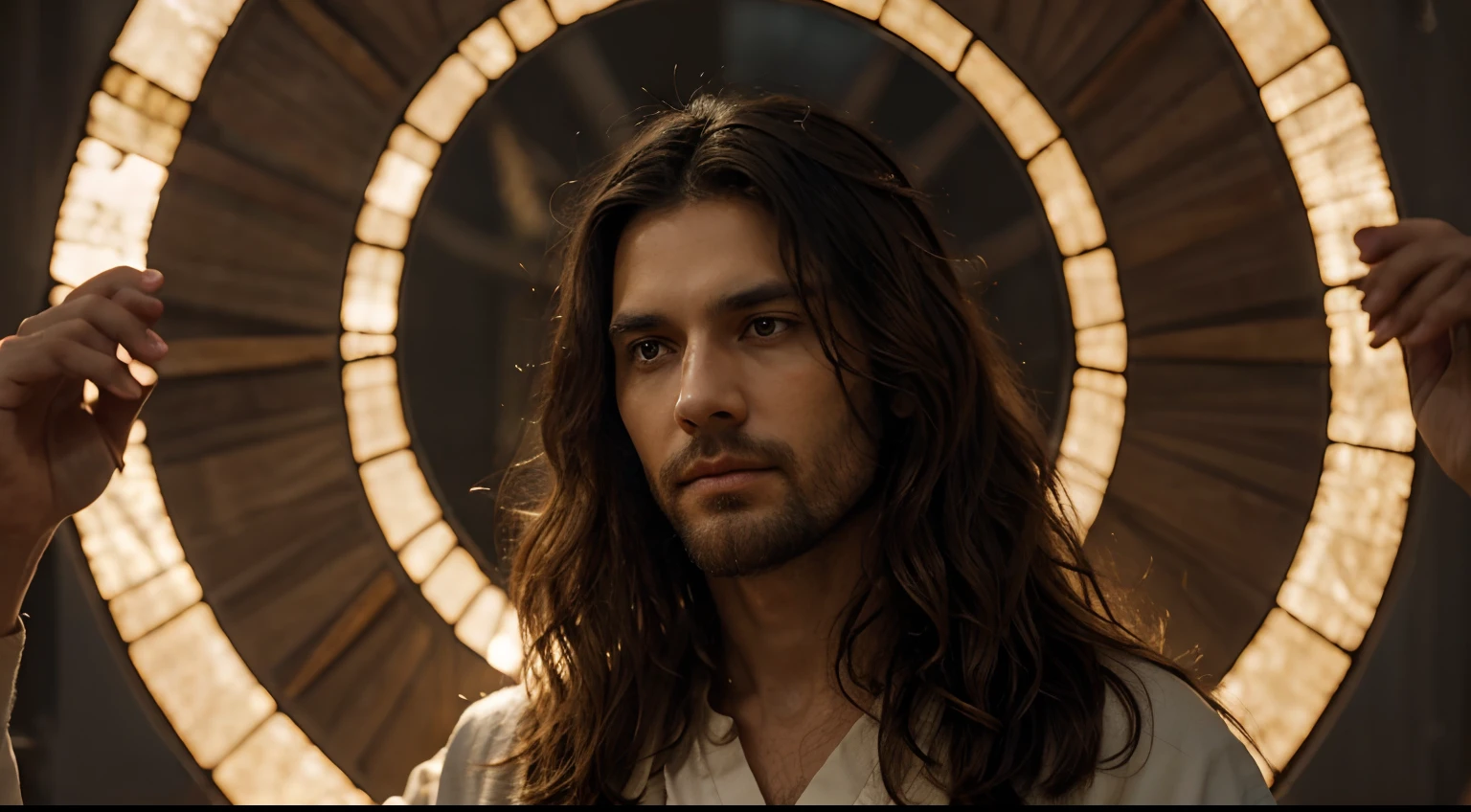Central Figure: Jesus Christ should be the central figure of the image. He should be portrayed in a serene and peaceful manner, reflecting his loving and compassionate nature.
Face: His face should express kindness and understanding. The eyes should convey a depth that reflects wisdom and compassion. His hair can be represented as wavy and of medium length, traditionally in shades of dark brown.
Attire: He should be dressed in a simple robe, reflecting humility. Neutral colors such as white or beige can be chosen for the robe, while a cloak in shades of blue or red might be used.
Background: The background can be minimalist to keep the focus on Jesus. However, if you wish to include elements, consider a peaceful landscape, like a field or a sunset, that complements the serenity of the image.
Lighting: A soft light should illuminate Jesus, possibly emanating from him, representing the light and hope he brings to the world.
Additional Details: You may consider adding symbolic elements like a dove, a lamb, or a staff, but this is at the artist's discretion and depends on the desired interpretation.
Resolution: The final image should be in high definition, suitable for viewing in large formats and with meticulous attention to detail.