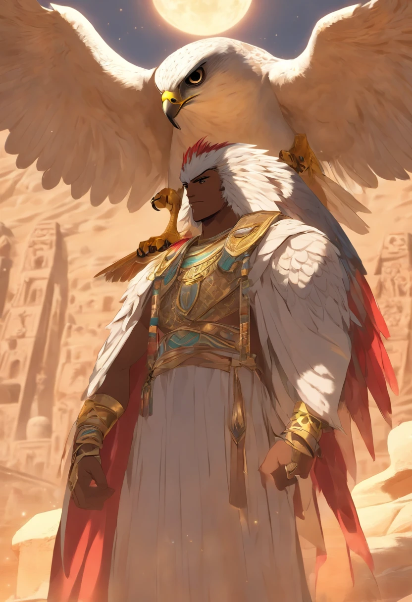 (((Body of a man and head of a falcon))) best quality, very high resolution, 4K detailed CG, masterpiece, Egyptian mythology,Khonsu, moon in the background,lunar adornment, Ancient Egypt, standing pose, head of falcon, white clothes, Egyptian clothes, Egyptian temple, desert, Ancient Egypt, ((falcon head, man's body)), Egyptian palace, aesthetics, beautiful image, centered on screen, standing pose