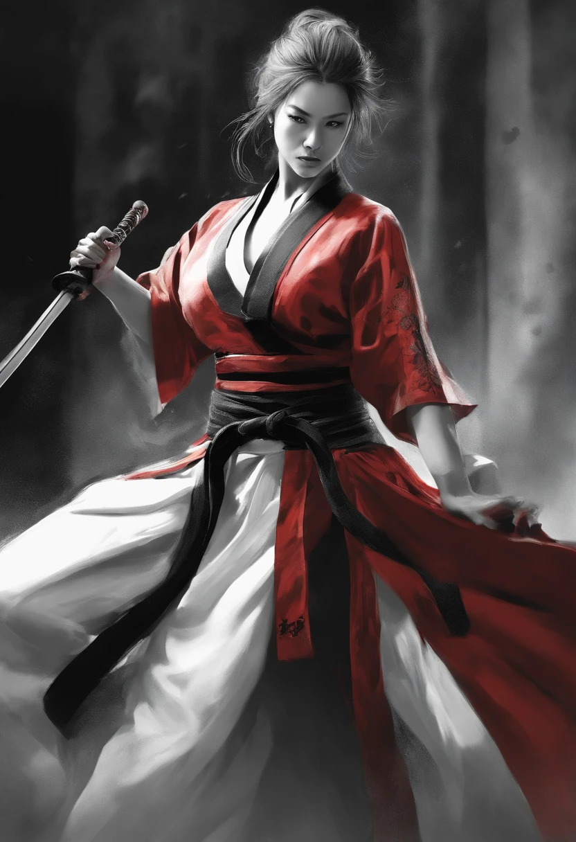 Martial arts devilcore style, absurdly beautifully appearance of cg detailed Martial arts girl, full portrait, Imposing, Yoshitaka Amano and Yoji Shinkawa style, Ink painting, red, black and white, bold brushstrokes, Concept art, cinematic movement lighting, stylize, impressive, intrace details by irakli nadar 50 --uplight --s 2