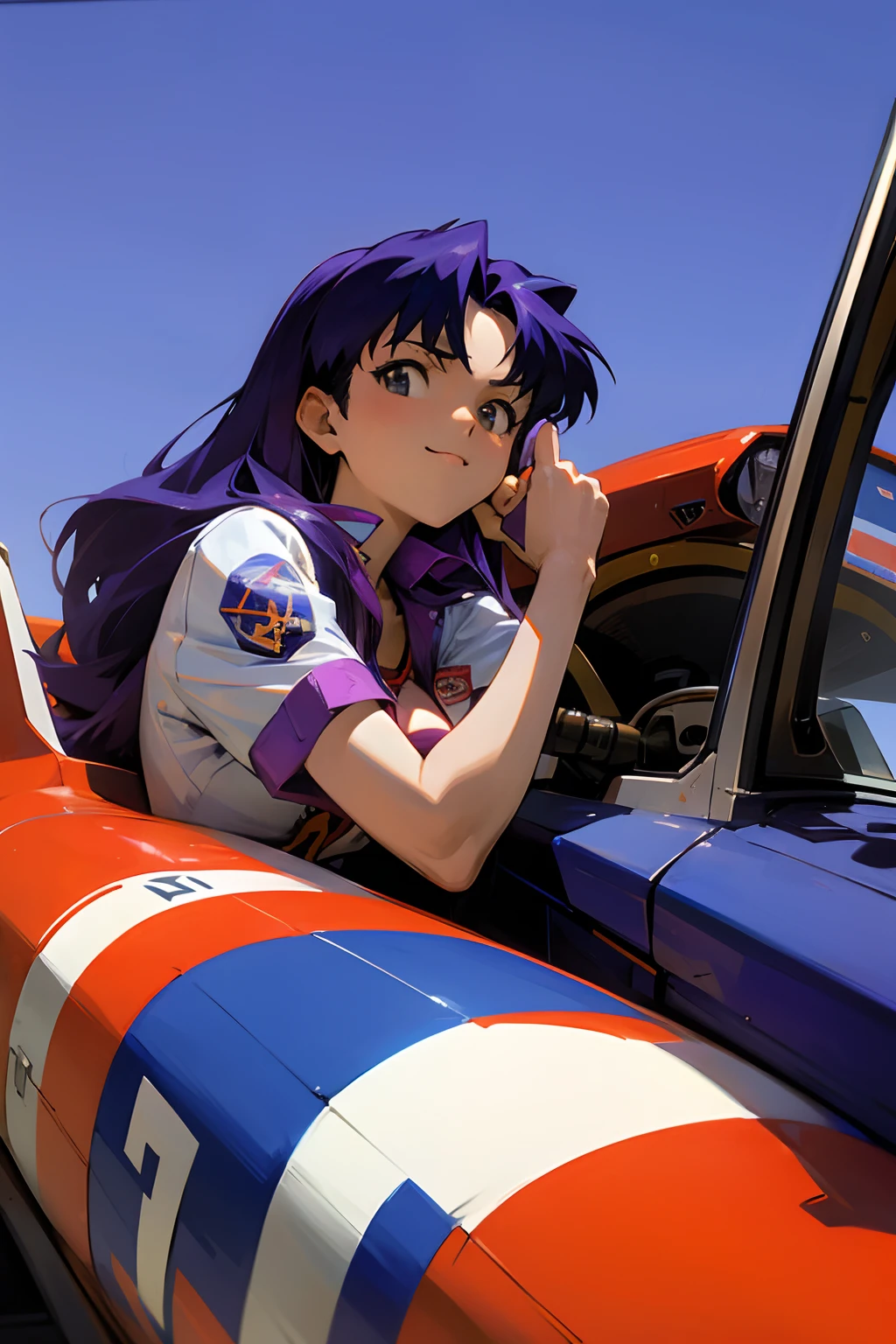 misato katsuragi from neon genesis evangelion sitting inside the cockpit of a fighter jet on the deck of an aircraft carrier and giving a thumbs up, fighter pilot, gainax, yoshiyuki sadamoto, retro 90s anime, giant american flag in the background, f14 tomcat, top gun, tom cruise, smiling, 80s, flowing purple hair