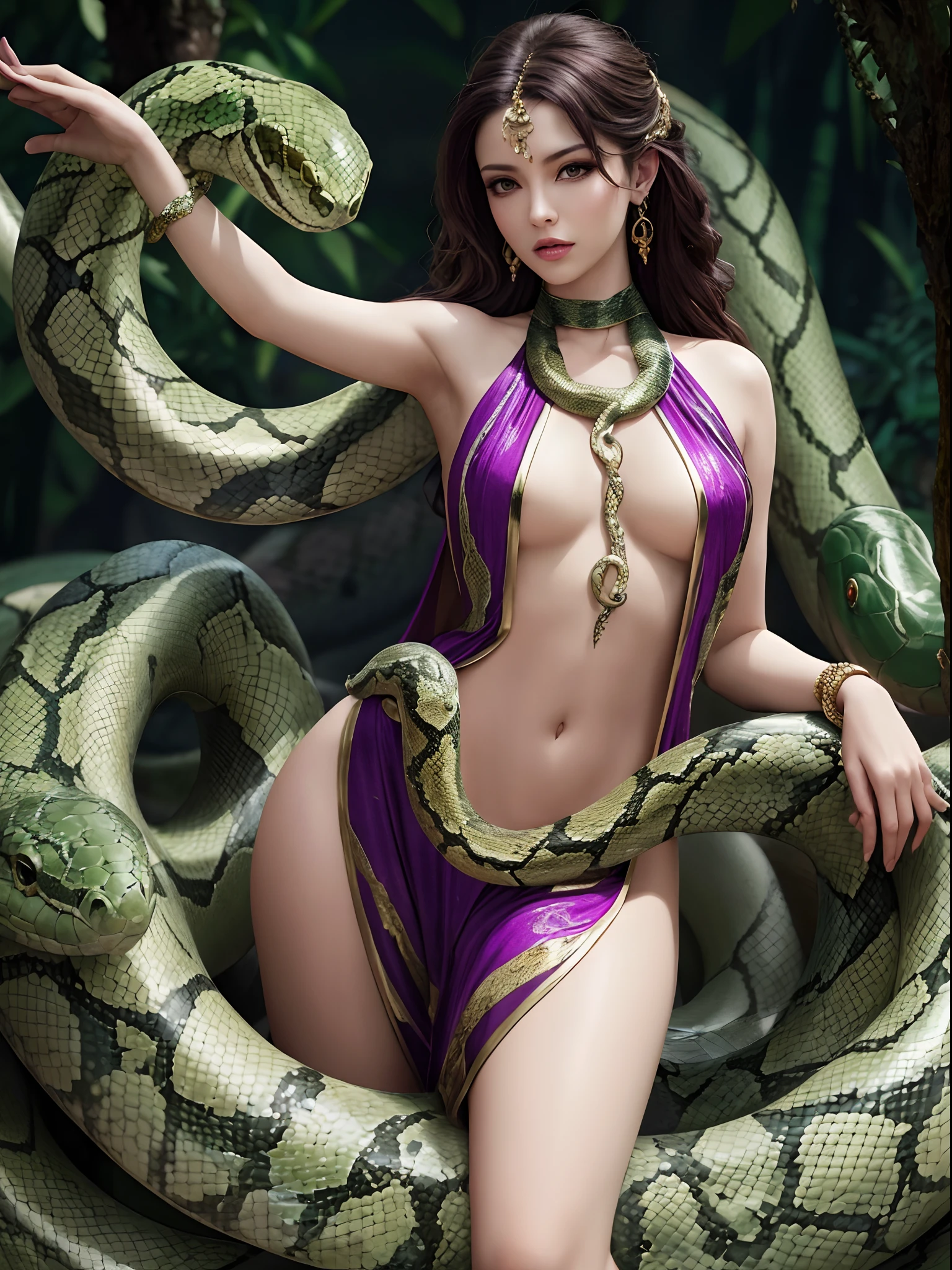 (best quality,4k,8k,highres,masterpiece:1.2),ultra-detailed,(realistic,photorealistic,photo-realistic:1.37),snake woman hybrid,beautiful detailed eyes,beautiful detailed lips,extremely detailed eyes and face,long eyelashes,scales covering the body,slithering movement,serpentine lower body,elegant and graceful posture,mesmerizing gaze,curved fangs,exotic and mesmerizing beauty,dark and mysterious aura,mythical creature,creature of legends,ethereal and otherworldly,iridescent scales,cold-blooded charm,shimmering patterns,alluring skin texture,enchanted forest background,serpent-like hair,seamless integration of woman and snake,secrets of the serpent world,elusive and enigmatic,serpent's hypnotic dance,charmingly dangerous,duality of femininity and serpentine power,wisdom and temptation,beautifully venomous,exotic flora and fauna intertwined,undulating motion,dynamic composition,artistically surreal,unleashing hidden powers,transformation and metamorphosis,unconventional beauty,unique and captivating,meticulously crafted masterpiece,awe-inspiring presence,vivid colors,soft and diffused lighting,impeccable attention to detail,(half the girl's body from head to navel and half the snake's body from the hips down:1.5),(no legs:1.5)