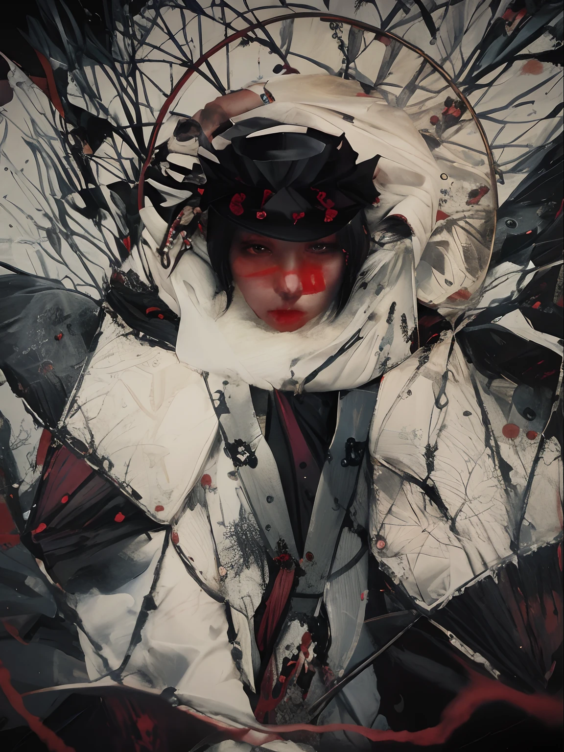 arafed image of a person with a knife and a hat on, tumblr, with a red halo over her head, artwork in the style of guweiz, guweiz, by Kamagurka, guweiz masterpiece, horror wallpaper aesthetic, gapmoe yandere grimdark, by Shingei, takato yomamoto. 4 k