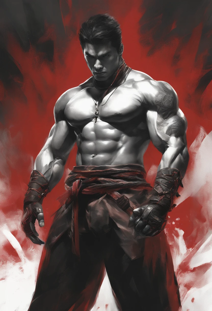 Martial arts devilcore style, absurdly beautifully appearance of cg detailed Martial arts, muscular man, arms in front of his chest, with futuristic gauntlets, protruding tentacles digging into his biceps, bandages on his arms, and legs, full portrait, Imposing, Yoshitaka Amano and Yoji Shinkawa style, Ink painting, red, black and white, bold brushstrokes, Concept art, cinematic movement lighting, stylize, impressive, intrace details by irakli nadar 50 --uplight --s 2