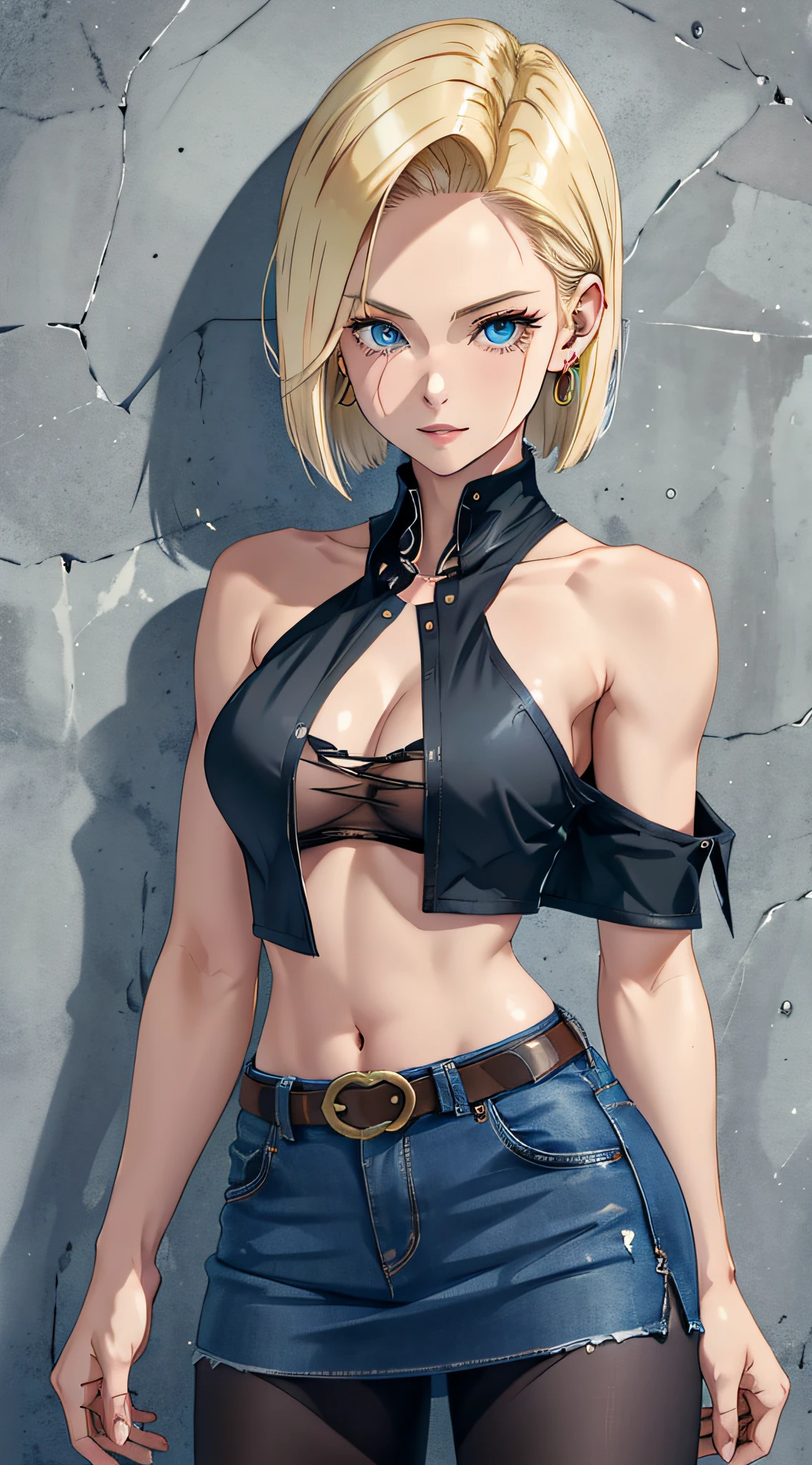 best quality, highres, and18, 1girl, android 18, solo, blonde hair, blue eyes, short hair, earrings, jewelry, denim vest, open vest, black pantyhose, black shirt, denim skirt, striped long sleeves, blue skirt, medium breasts, cowboy shot, street,  (Externally expanded Chest:1.2), (Strapless:1.2), off-the-shoulder,