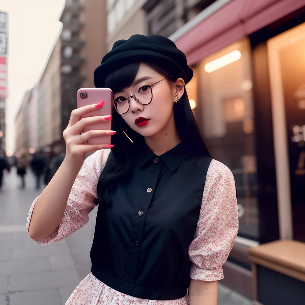 There's a woman taking a selfie with her phone, with square glasses, grunge aesthetic, wearing square glasses, With eye Glasses, wearing thin large round glasses, goth girl aesthetic, girl wearing round glasses, girl with glasses, vidros, glasses without frames, wearing small round glasses, lofi girl aesthetic, cyber aesthetic, Aesthetic portraiture, vintage aesthetics, Ulzzang