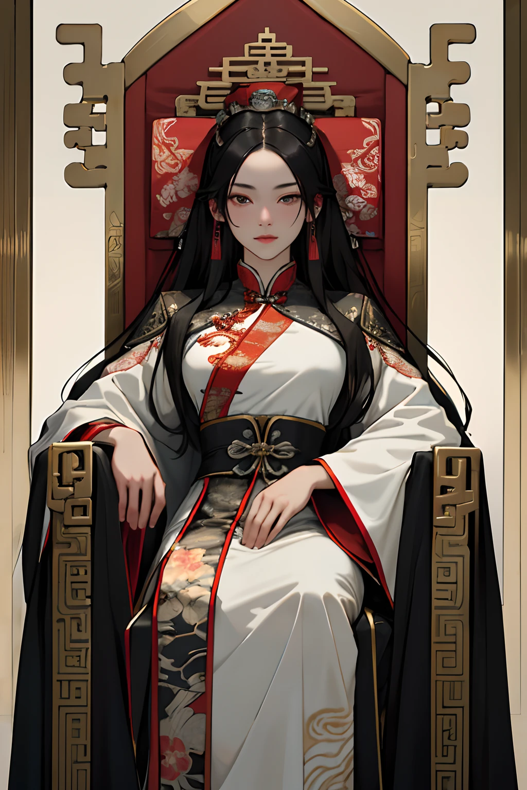 (masterpiece, best quality, highly detailed, cowboy shot), 1girl, 18 year old, Qing Dynasty Empress, black hair, long hair, Chinese clothes, elaborate outfit, throne room