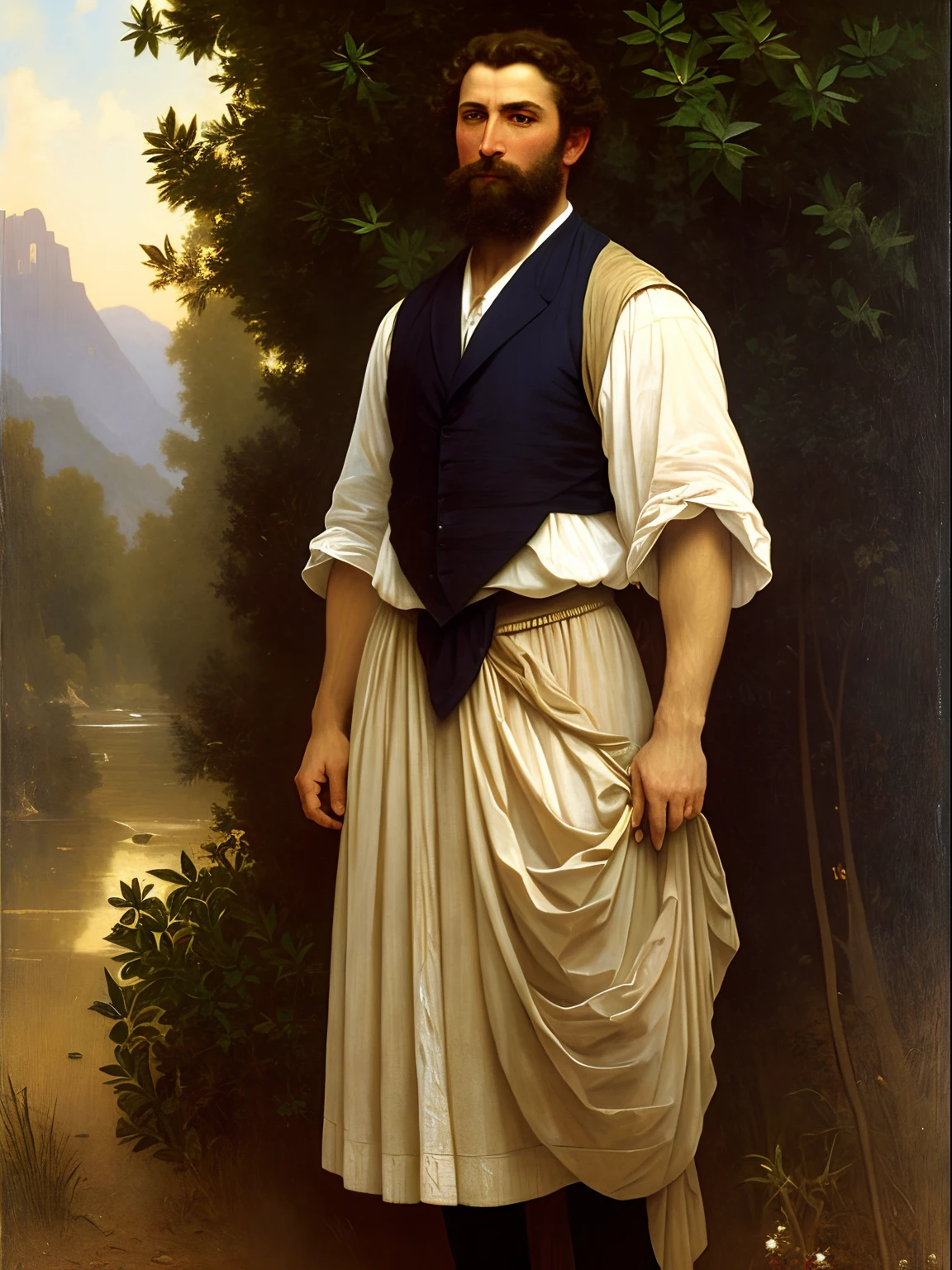 A full body portrait of an extremely strong and handsome 40s years old man, highly detailed painting, portrait, artwork by William-Adolphe Bouguereau, ethereal, poetic pastoral