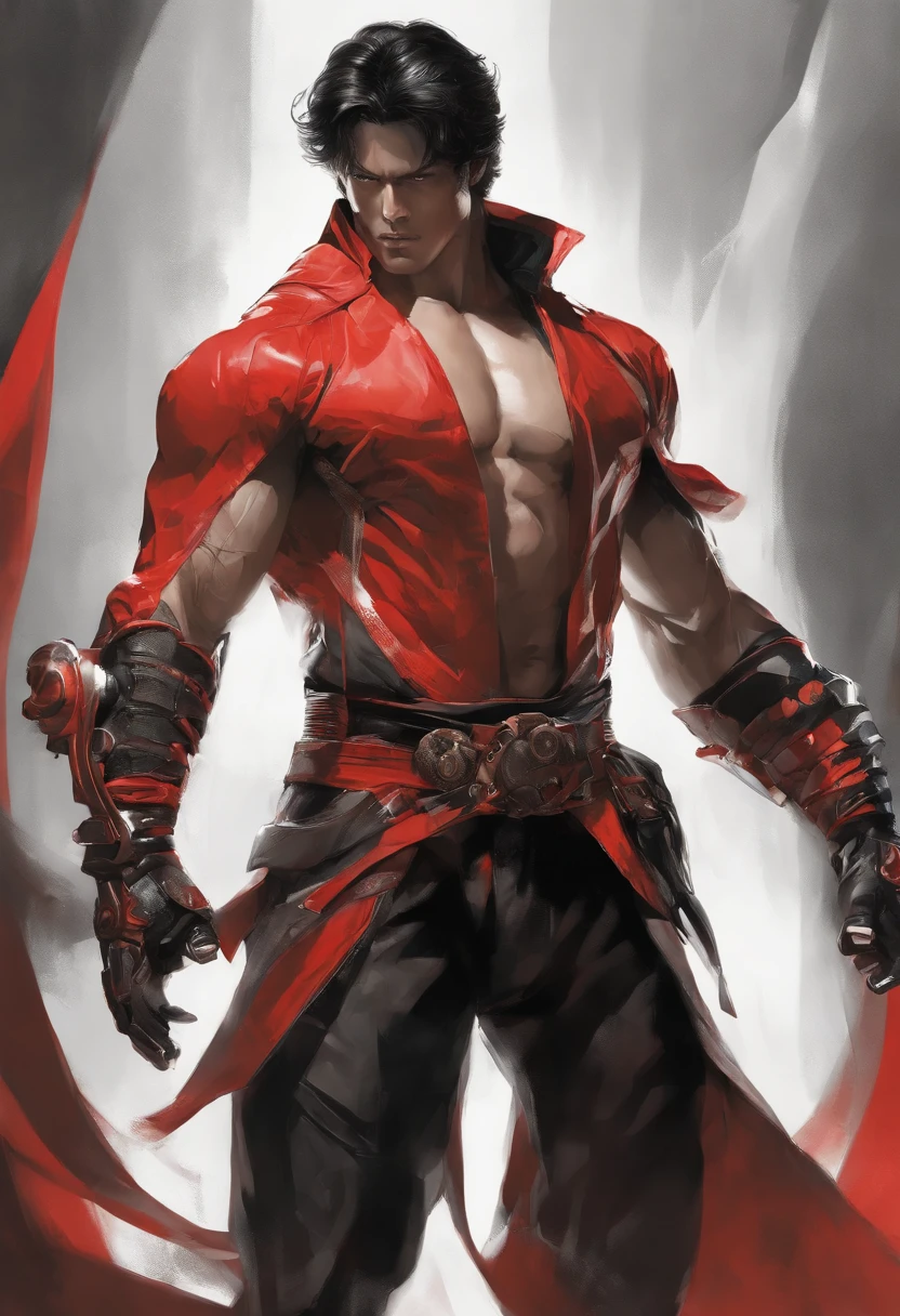 Martial arts devilcore style, absurdly beautifully appearance of cg detailed Martial arts, muscular man, arms in front of his chest, with futuristic gauntlets and boots, protruding tentacles digging into his biceps, bandages on his arms, and legs, full portrait, Imposing, Yoshitaka Amano and Yoji Shinkawa style, Ink painting, red, black and white, bold brushstrokes, Concept art, cinematic movement lighting, stylize, impressive, intrace details by irakli nadar 50 --uplight --s 2