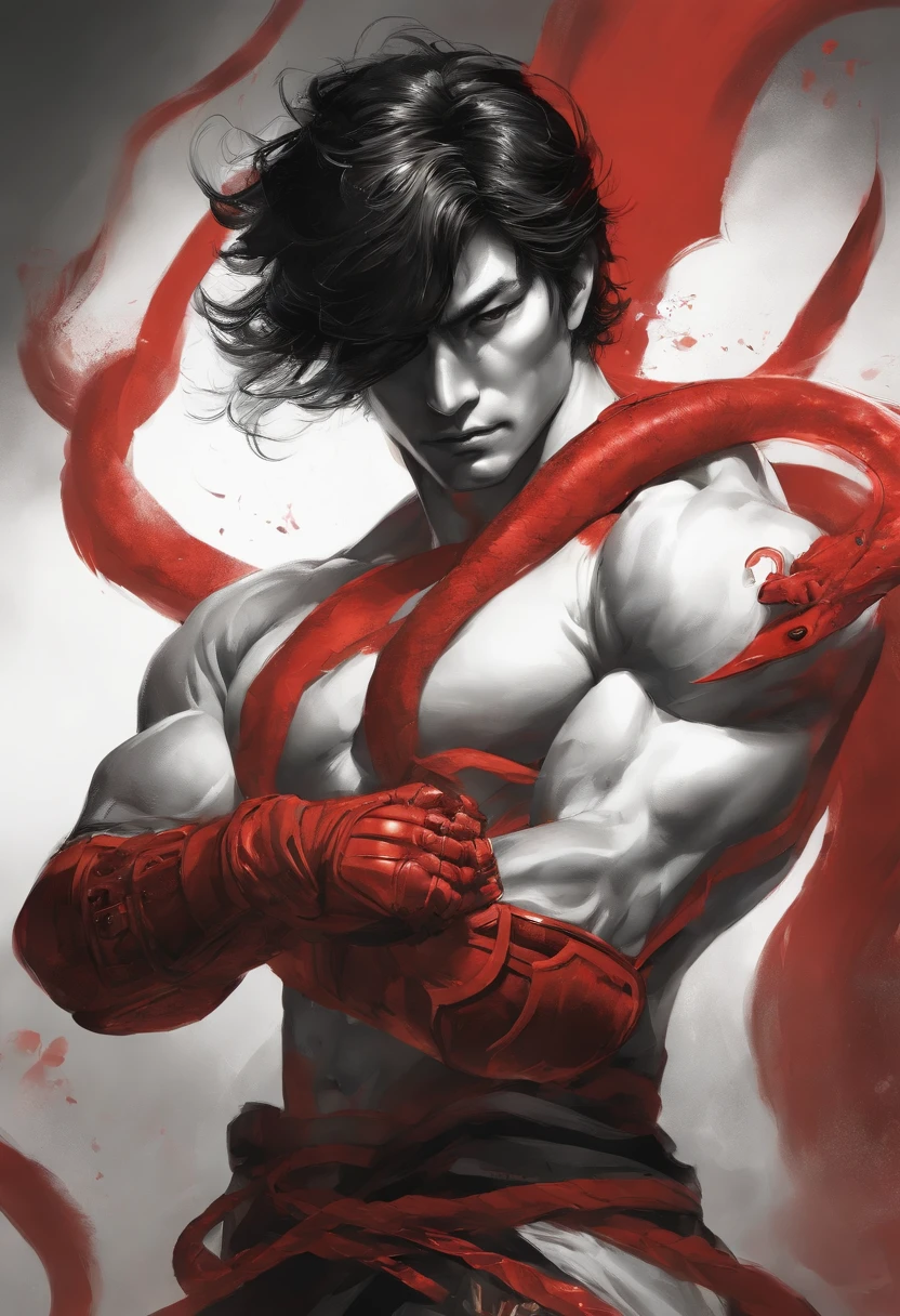 Martial arts devilcore style, absurdly beautifully appearance of cg detailed Martial arts, muscular man, arms in front of his chest, with futuristic gauntlets and boots, protruding tentacles digging into his biceps, bandages on his arms, and legs, full portrait, Imposing, Yoshitaka Amano and Yoji Shinkawa style, Ink painting, red, black and white, bold brushstrokes, Concept art, cinematic movement lighting, stylize, impressive, intrace details by irakli nadar 50 --uplight --s 2