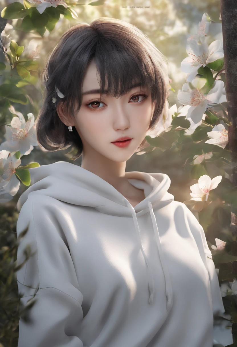 ((of the highest quality, 8K,RAW photo)), (Realistic, Photorealistic: 1.37), (Face focus: 1.1), Small breasts, Flat chest, Short hair, A Japanese lady、20yr old、Japanese idol system、(White sweatshirt: 1.1)、Skirt, Sitting, Arms up, From below, Sunlight, Movie lighting,