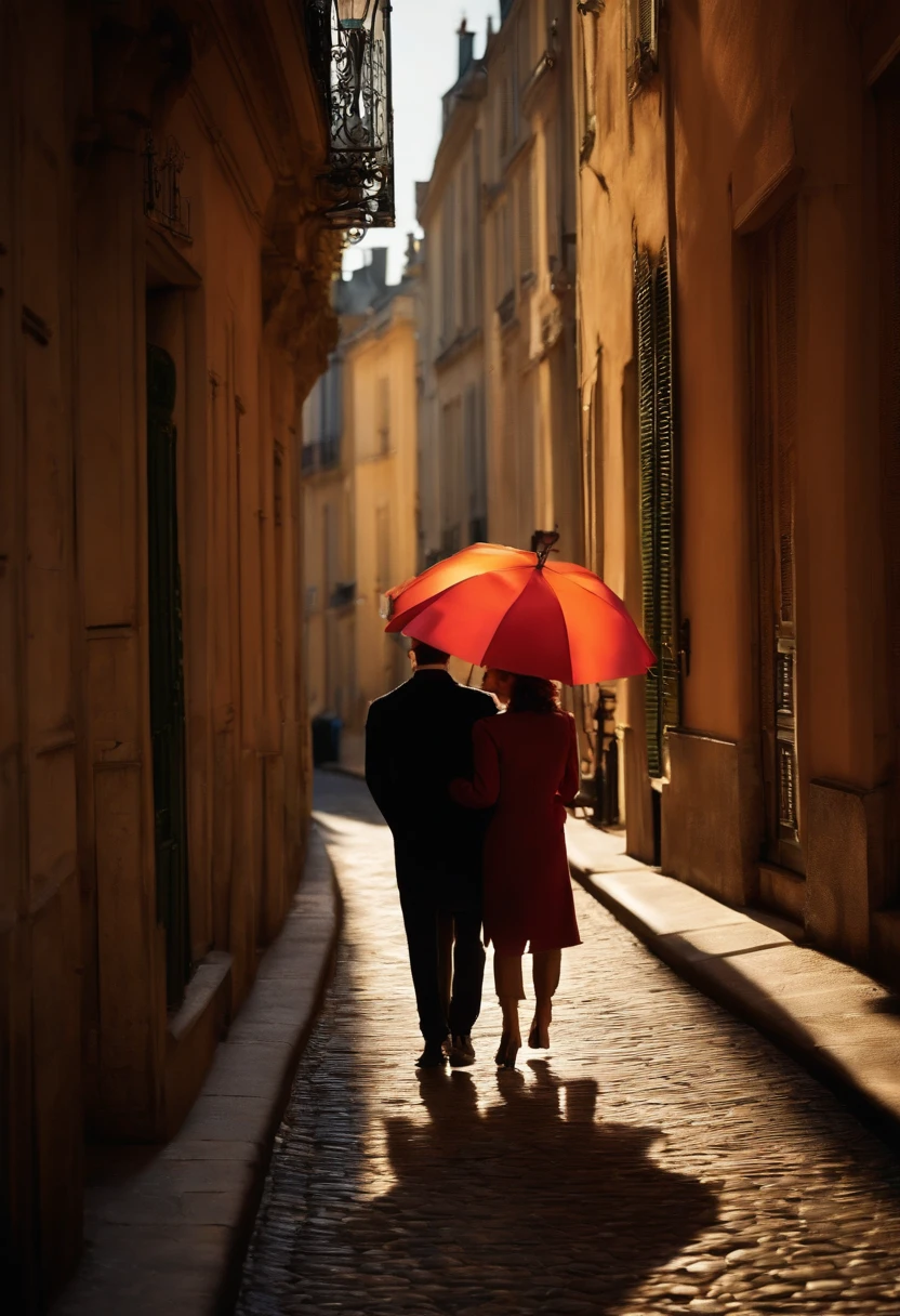 A couple caresses each other in the distance in the shadow of a Parisian alley