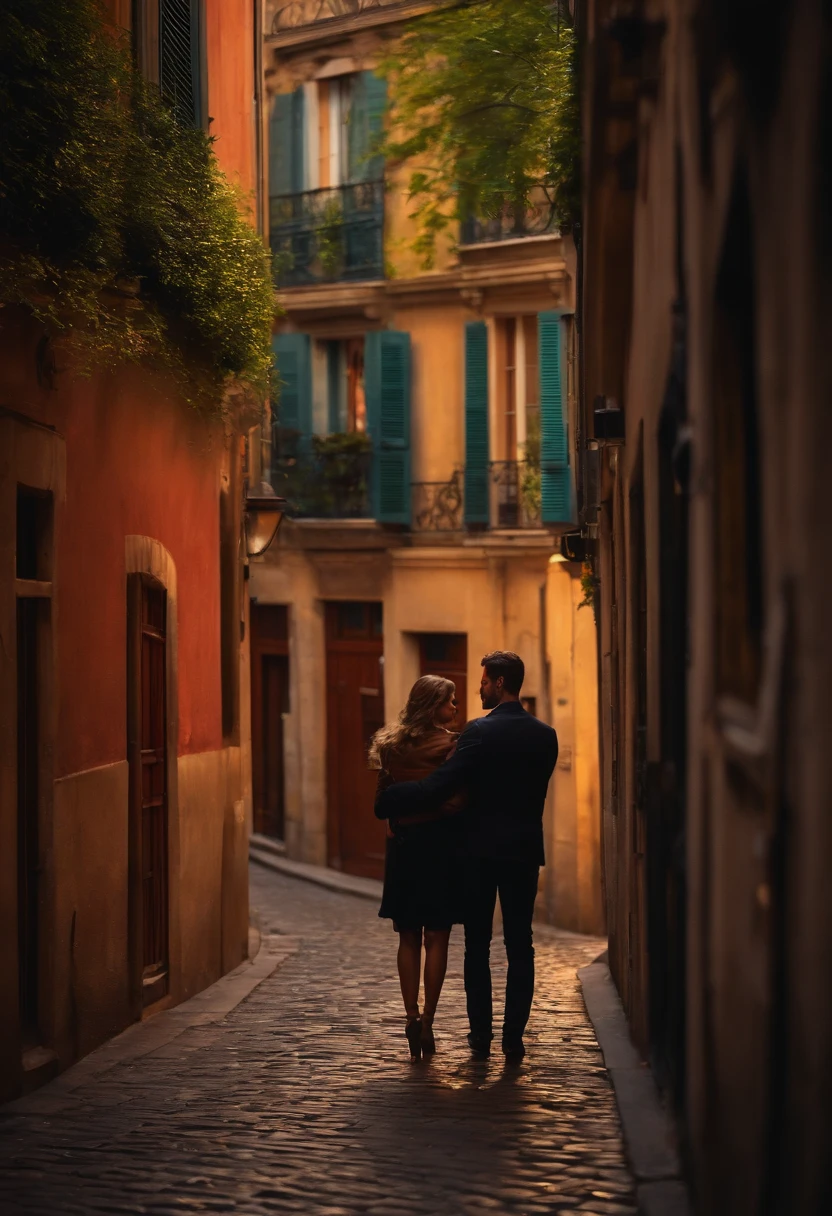 A couple caresses each other in the distance in the shadow of a Parisian alley