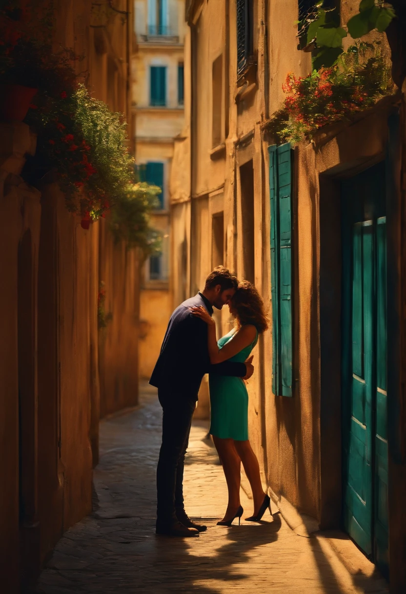 A couple caresses each other in the distance in the shadow of a Parisian alley