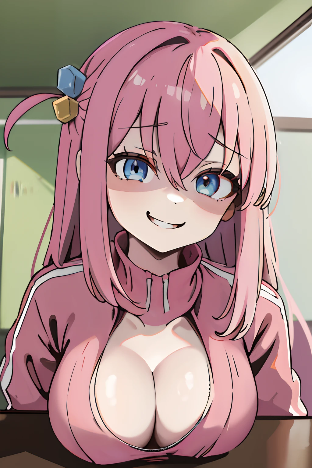 masterpiece, best quality, highres, gotou1, gotou hitori, solo, bangs, hair between eyes, ((portrait)), pink tracksuit, detiled eyes, big boobs, classroom, ((cleavage)), ((evil smile))