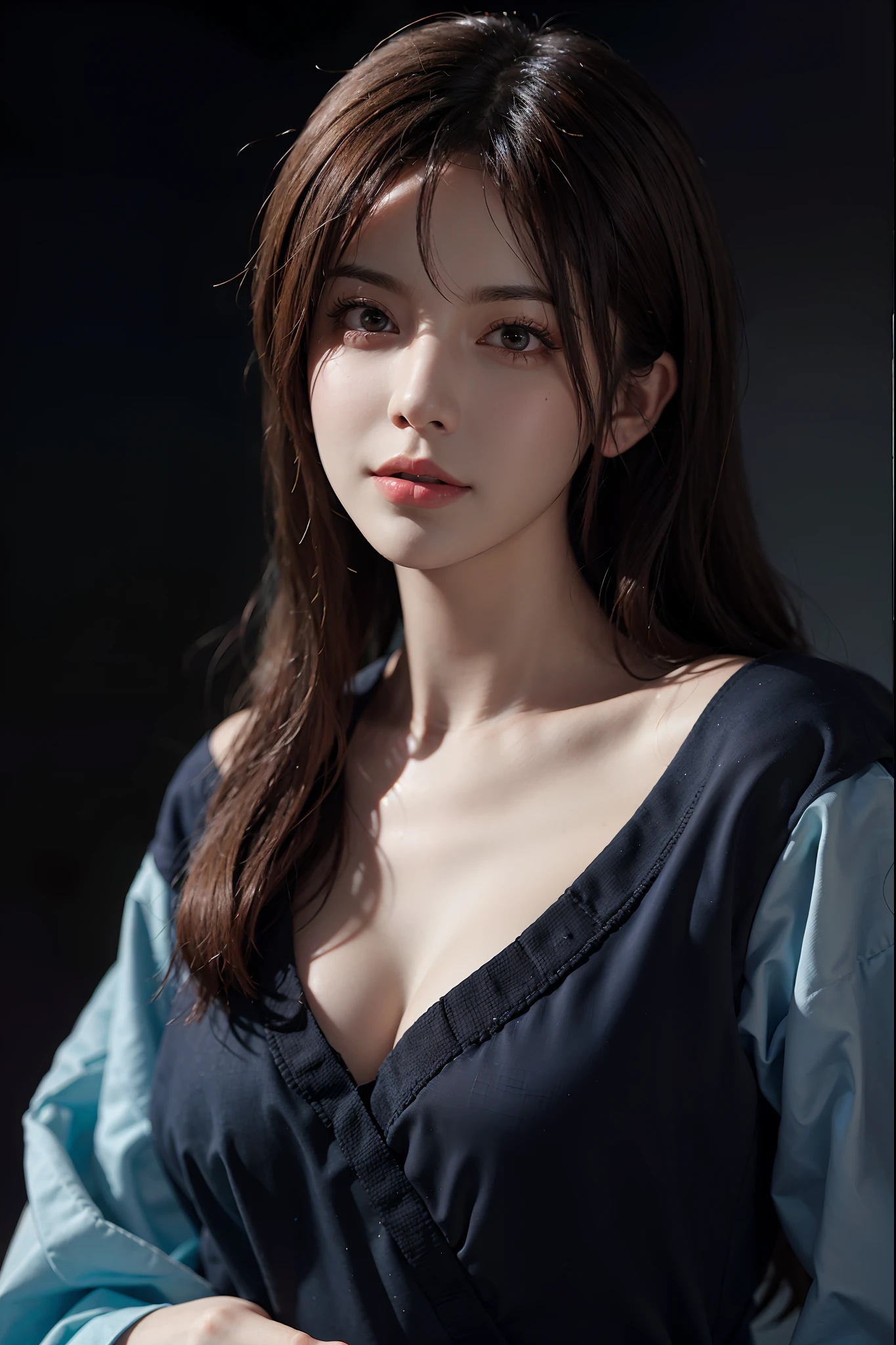 Hyperrealist portrait of female by david hockney and alphonse mucha,fantasy art, photo realistic, dynamic lighting, artstation, poster, volumetric lighting, very detailed faces, 4 k, award winning,, 1girl, in the dark, deep shadow, low key,cowboy shot,(official clothing:1.4) ,long hair,white hair,