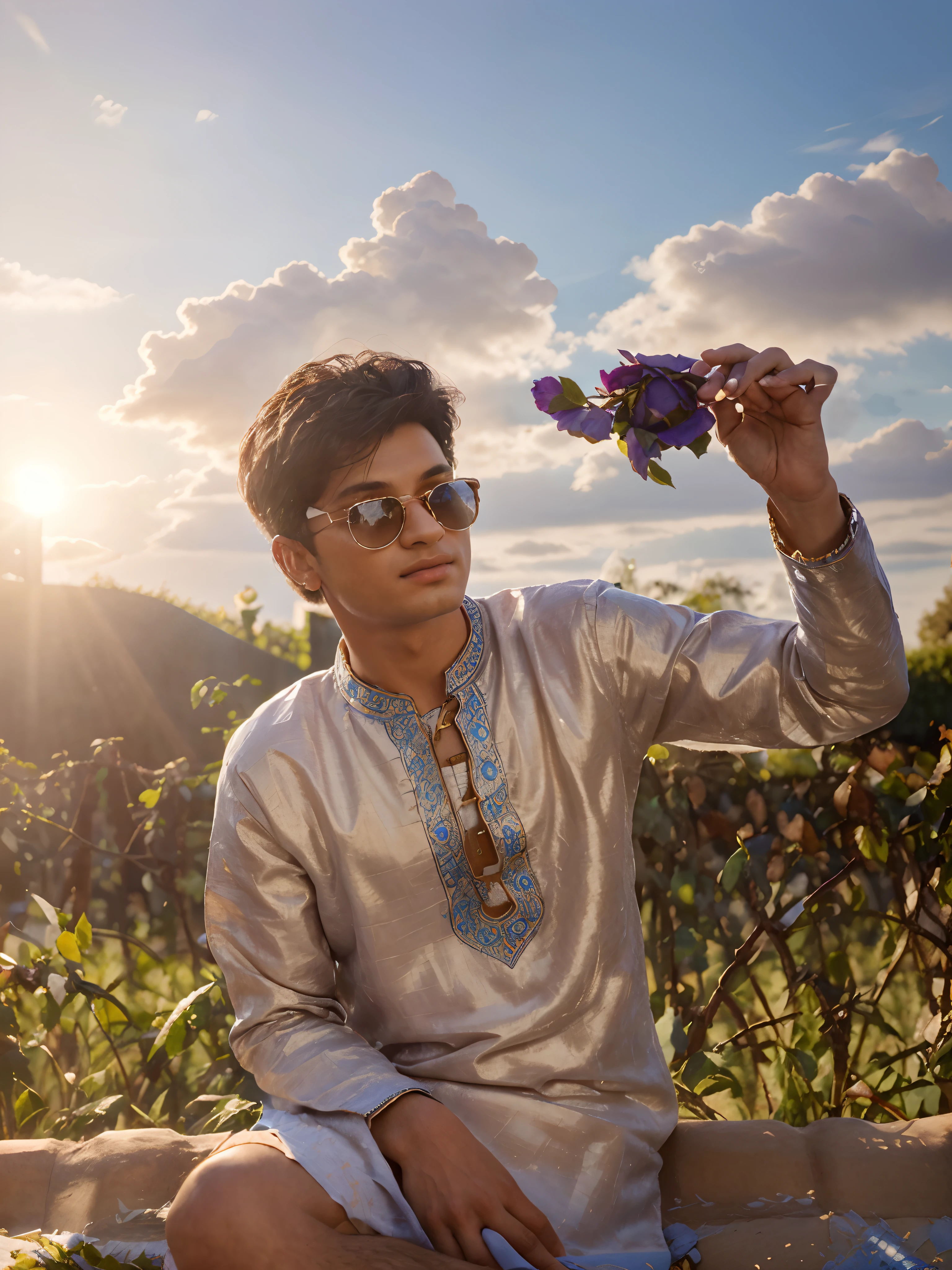 Change background to a beautiful rose garden with open blue sky in open sunlight , (realistic:1.3), finely detailed, quality, rembrandt lighting, (masterpiece:1.2), (photorealistic:1.2), (best quality), (detailed skin:1.3), super handsome boy, ultra realistic image,16k resolution, wearing a traditional panjabi