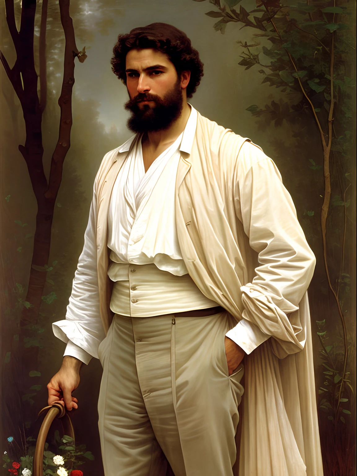 A full body portrait of an extremely strong and handsome 40s years old man, highly detailed painting, portrait, artwork by William-Adolphe Bouguereau, ethereal, poetic pastoral