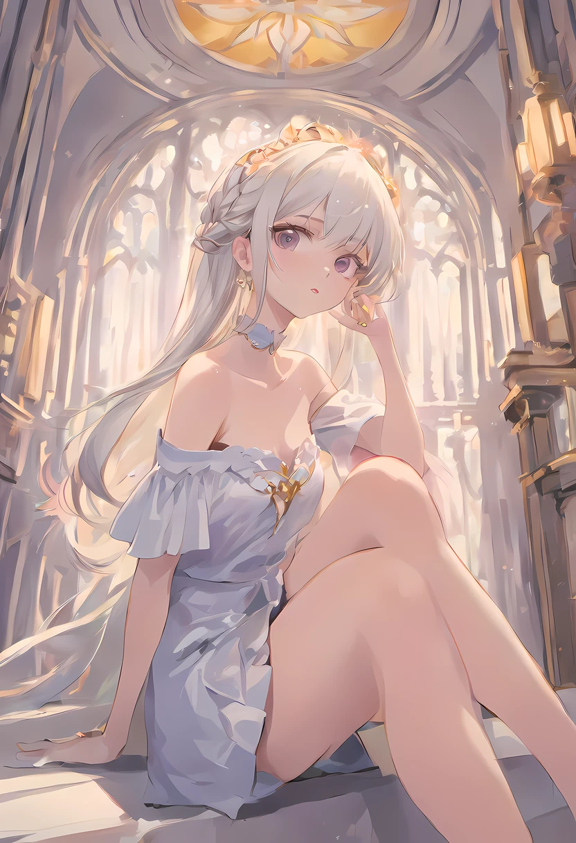 Best quality, highly detailed, masterpiece, ultra detailed, (reality: 1.2), 1 girl, (white background), simple background, delicate eyes, silver hair, purple eyes, hair_ornament, (white off-the-shoulder shirt: 1.3), long hair, pointy_ears, crown_braid, expressionless, straight hair, (++ sitting: 1.2), room,