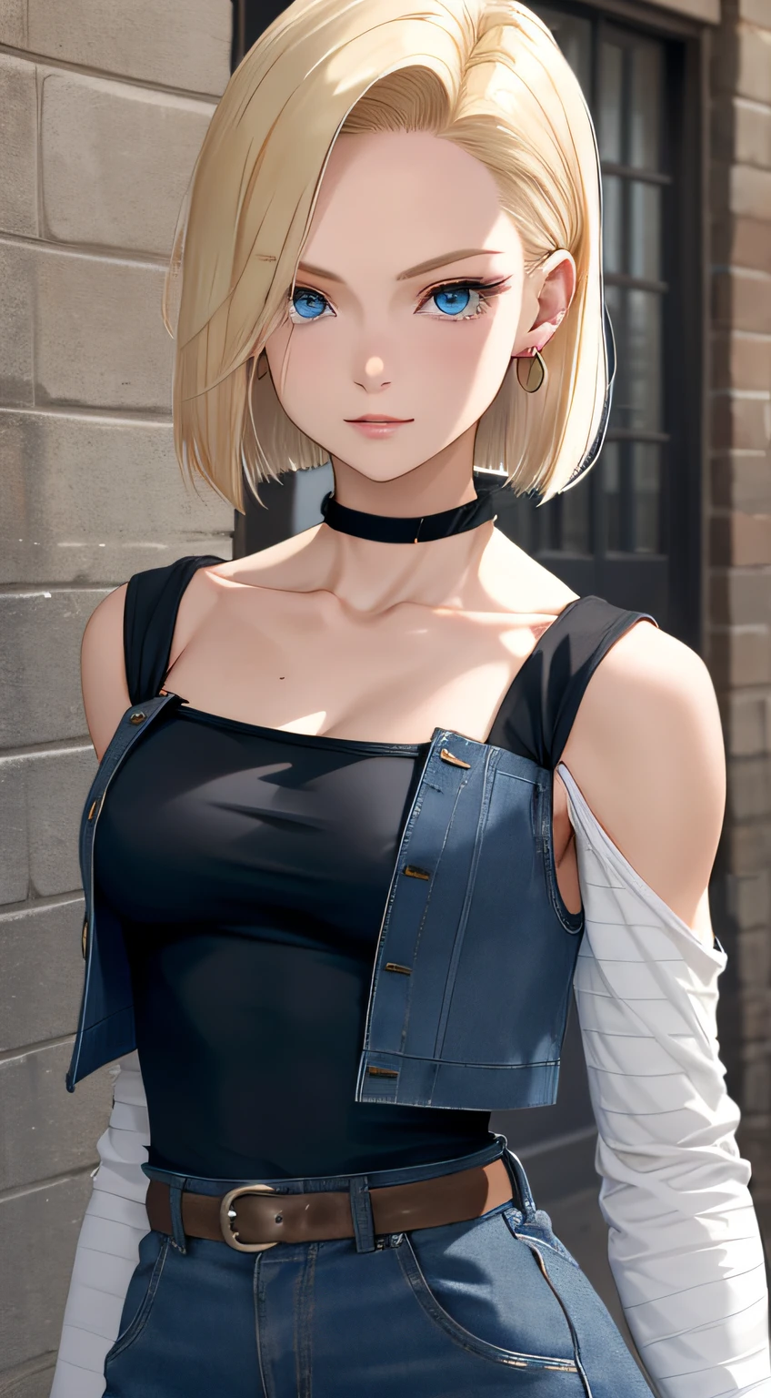 best quality, highres, and18, 1girl, android 18, solo, blonde hair, blue eyes, short hair, earrings, jewelry, denim vest, open vest, black pantyhose, black shirt, denim skirt, striped long sleeves, blue skirt, medium breasts, cowboy shot, street,  (Externally expanded Chest:1.2), (Strapless:1.2), off-the-shoulder,