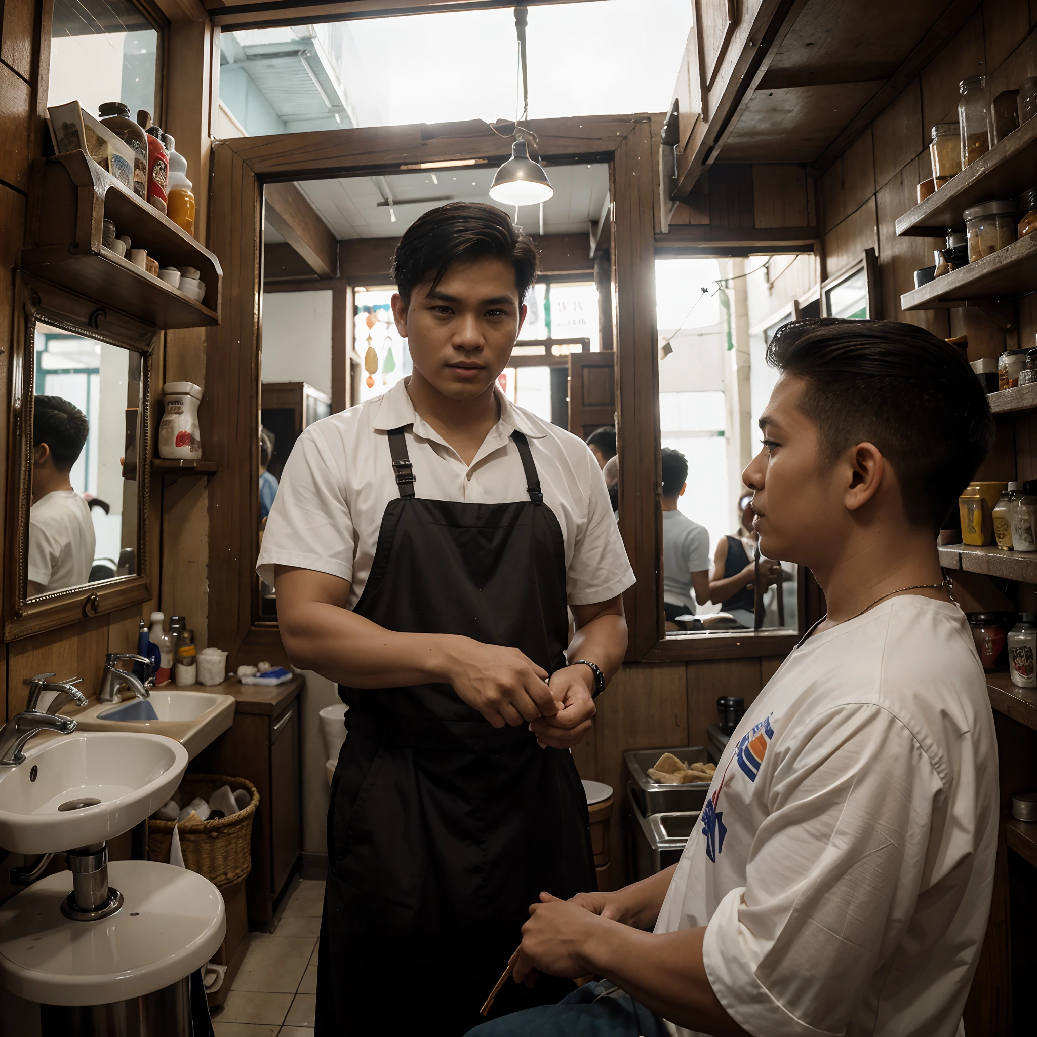 Create a photorealistic portrait of a traditional Filipino street barbershop in the style of Pinoy culture from Cebu and Manila. The scene should be set in a public market, with an old and vintage aesthetic. The barbershop should have a full glass window that showcases the interior. The text 'Barbershop' should be prominently displayed, and the image should be of high definition (5K) with exceptional photorealism. Please emphasize the unique and nostalgic charm of this setting