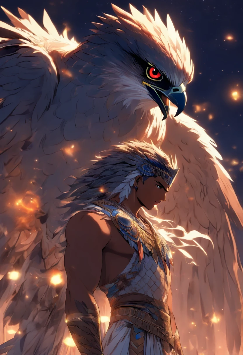 (((Man body and falcon head))) best quality, very high resolution, 4K detailed CG, masterpiece, Egyptian mythology,Khonsu, moonlight,lunar adornment, Ancient Egypt, standing pose, night, white clothes, Egyptian clothes, desert, Ancient Egypt, ((falcon head, man's body)), aesthetics, beautiful image, centered on screen, standing pose