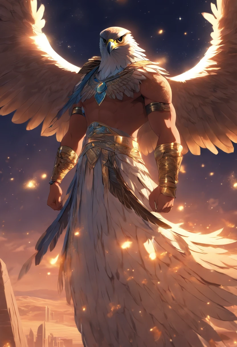 (((Man body and falcon head))) best quality, very high resolution, 4K detailed CG, masterpiece, Egyptian mythology,Khonsu, moonlight,lunar adornment, Ancient Egypt, standing pose, night, white clothes, Egyptian clothes, desert, Ancient Egypt, ((falcon head, man's body)), aesthetics, beautiful image, centered on screen, standing pose