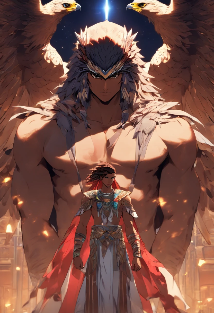 (((Man body and falcon head))) best quality, very high resolution, 4K detailed CG, masterpiece, Egyptian mythology,Khonsu, moonlight,lunar adornment, Ancient Egypt, standing pose, night, white clothes, Egyptian clothes, desert, Ancient Egypt, ((falcon head, man's body)), aesthetics, beautiful image, centered on screen, standing pose