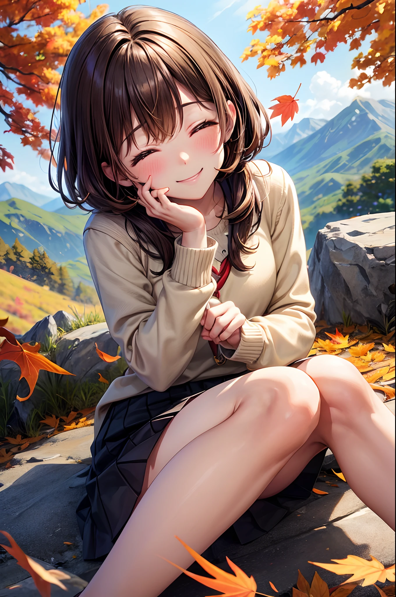 Best Quality、Light brown skin、In the mountains where autumn leaves spread、Autumn clothes、Drawn up to the knee、、Bob Hair、Teenage woman、Very cute、Close your eyes and smile、Close your eyes and smile、Brown hair、Schools、I want to blush、bending forward、Colored leaves、Wink、twinkling、Kamimei、