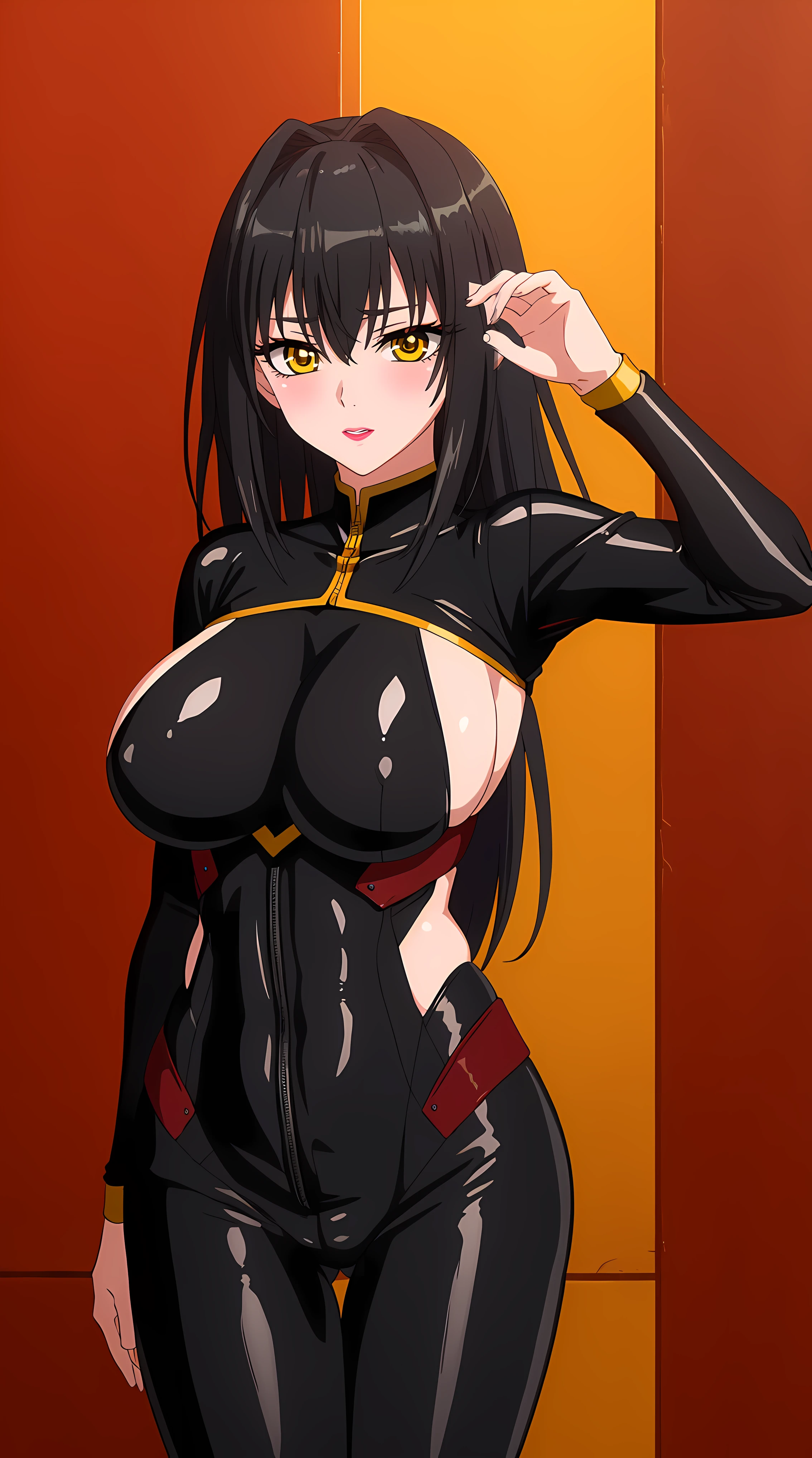 (masterpiece:1.4),(best quality:1.4),  soft lighting, cinematic bloom, beautiful face, beautiful eyes, cowboy shot, studio, photo model,
(Annerose:1), 1girl, solo, female mature, black hair, long hair, yellow eyes, large breasts, fully suited, black bodysuit, black outfit, higheels, shiny clothes, skin tight, hair intakes, covered breasts, sideboob, extremely detailed character design CG unity 8k HDR, beautiful character design, professional art, (solo:1.5), (cowboy shot:1.1), (((simple and beautiful background:1.4))), (blushing:1.3), ((simple pose:1.1)), proper clothed