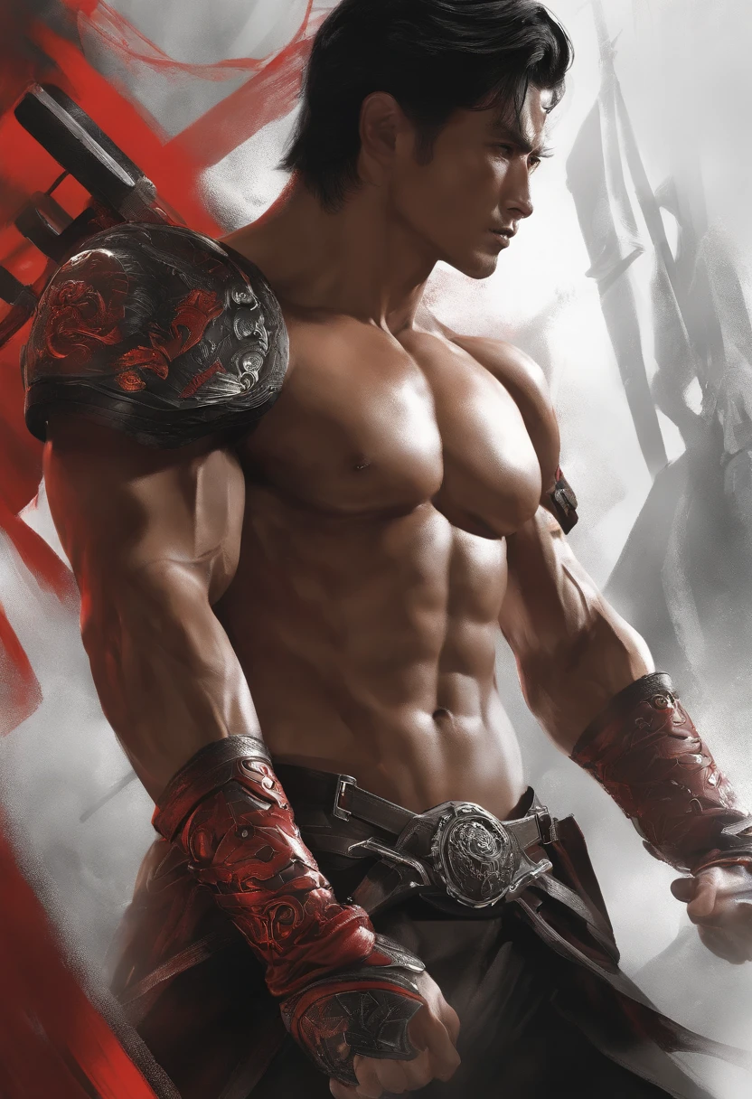 Martial arts devilcore style, absurdly beautifully appearance of cg detailed Martial arts, muscular man, arms in front of his chest, with futuristic gauntlets and boots, protruding tentacles digging into his biceps, bandages on his arms, and legs, full portrait, Imposing, Yoshitaka Amano and Yoji Shinkawa style, Ink painting, red, black and white, bold brushstrokes, Concept art, cinematic movement lighting, stylize, impressive, intrace details by irakli nadar 50 --uplight --s 2