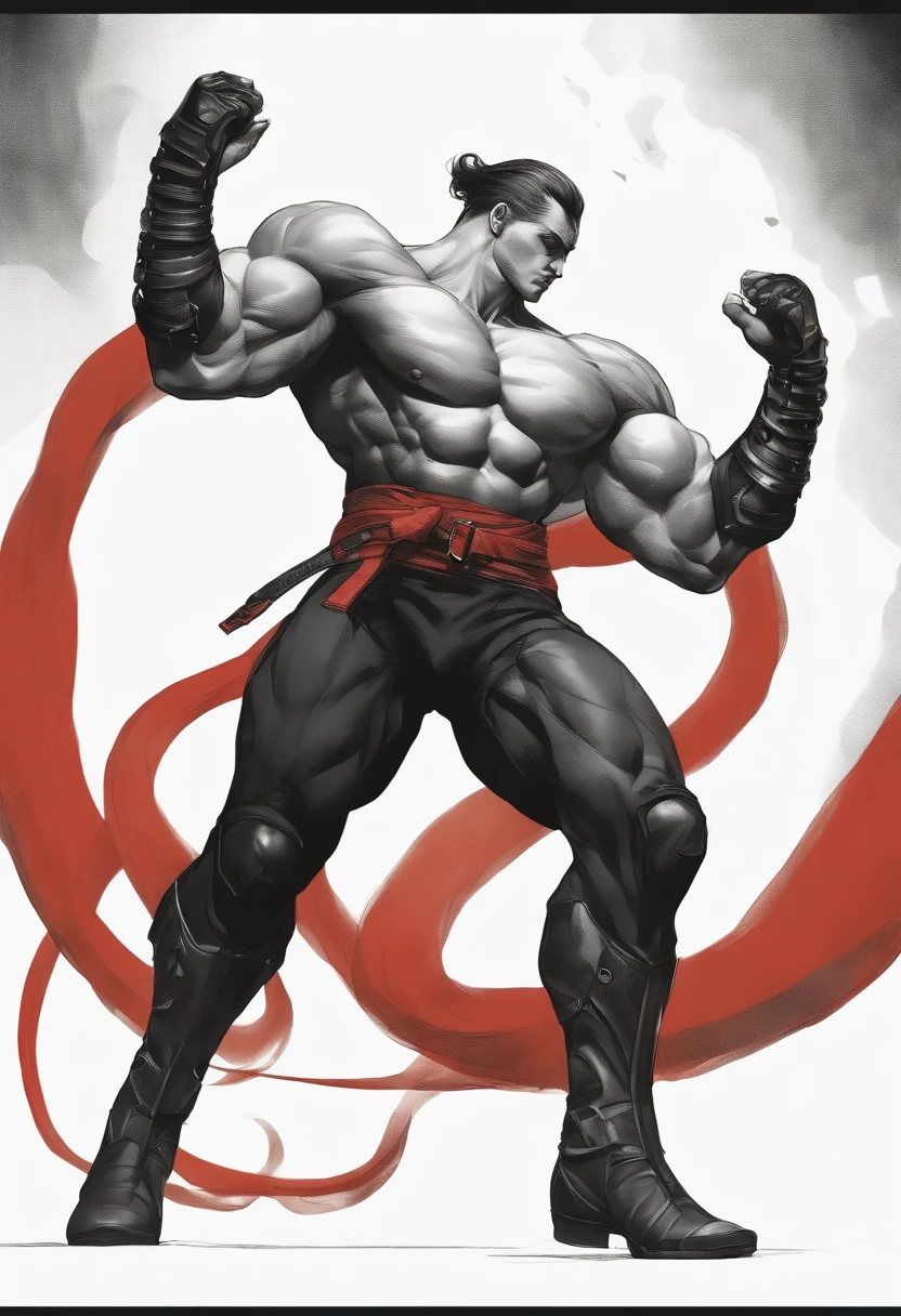 Martial arts devilcore style, absurdly beautifully appearance of cg detailed Martial arts, muscular man, arms in front of his chest, with futuristic gauntlets and boots, protruding tentacles digging into his biceps, bandages on his arms, and legs, full portrait, Imposing, Yoshitaka Amano and Yoji Shinkawa style, Ink painting, red, black and white, bold brushstrokes, Concept art, cinematic movement lighting, stylize, impressive, intrace details by irakli nadar 50 --uplight --s 2