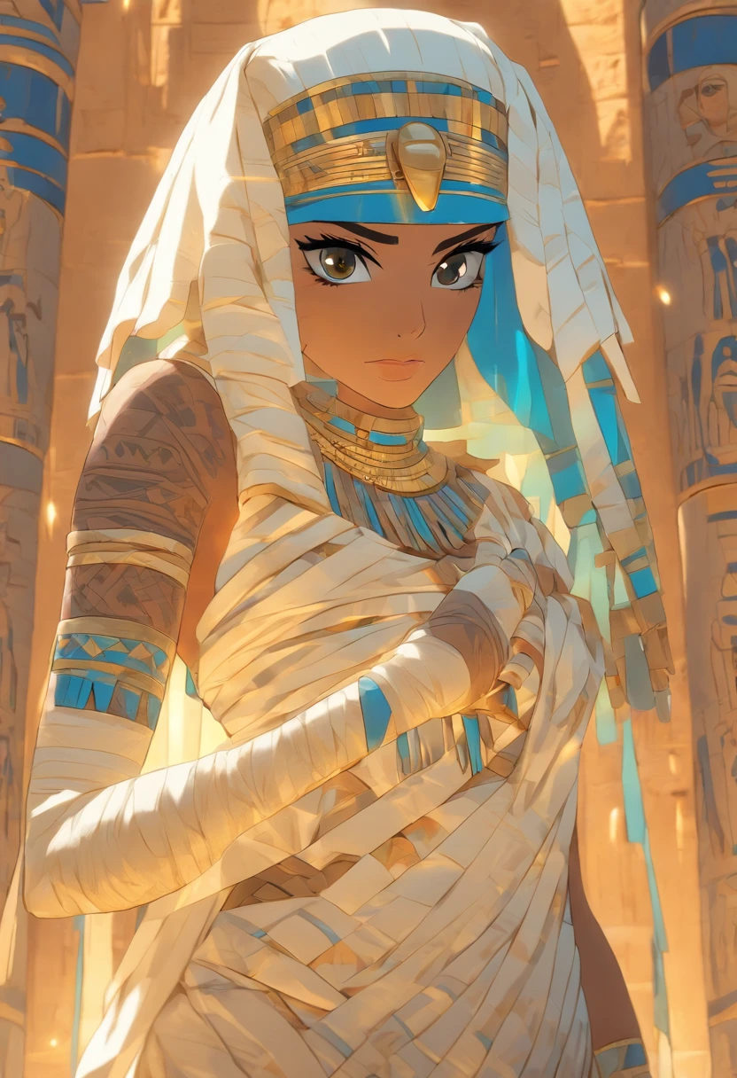 (((Mummy body))) best quality, very high resolution, 4K detailed CG, masterpiece, Egyptian mythology,Ptah,Egyptian tomb, Ancient Egypt, standing pose, mummy, white clothes, Egyptian clothes, Egyptian temple , desert, Ancient Egypt, ((blue headdress)), Egyptian palace, aesthetics, beautiful image, centered on screen, standing pose