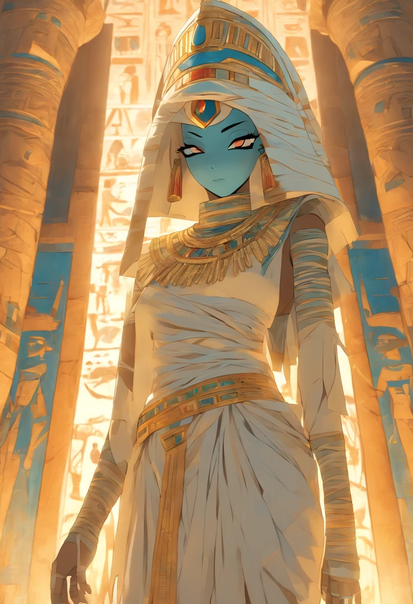 ((( body))) best quality, very high resolution, 4K detailed CG, masterpiece, Egyptian mythology,Ptah,Egyptian tomb, Ancient Egypt, standing pose, , white clothes, Egyptian clothes, Egyptian temple , desert, Ancient Egypt, ((blue headdress)), Egyptian palace, aesthetics, beautiful image, centered on screen, standing pose