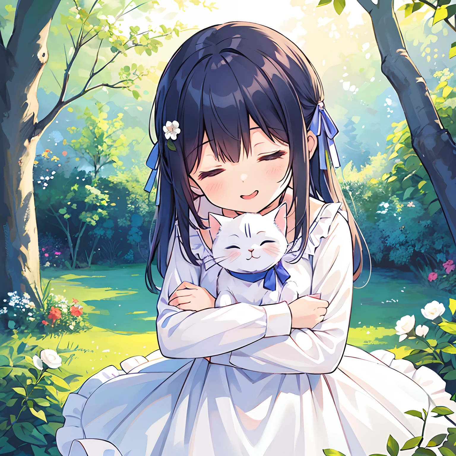 1 girl, solo, best quality, ultra detailed, minor, (happy:1.4), closed eyes,
from front, from below, portrait, hugging the kitten, \(kitten has its mouth closed\),
white dress, blue ribbon, long sleeves, standing,
in the forest, flower garden, warm sunlight filtering through trees