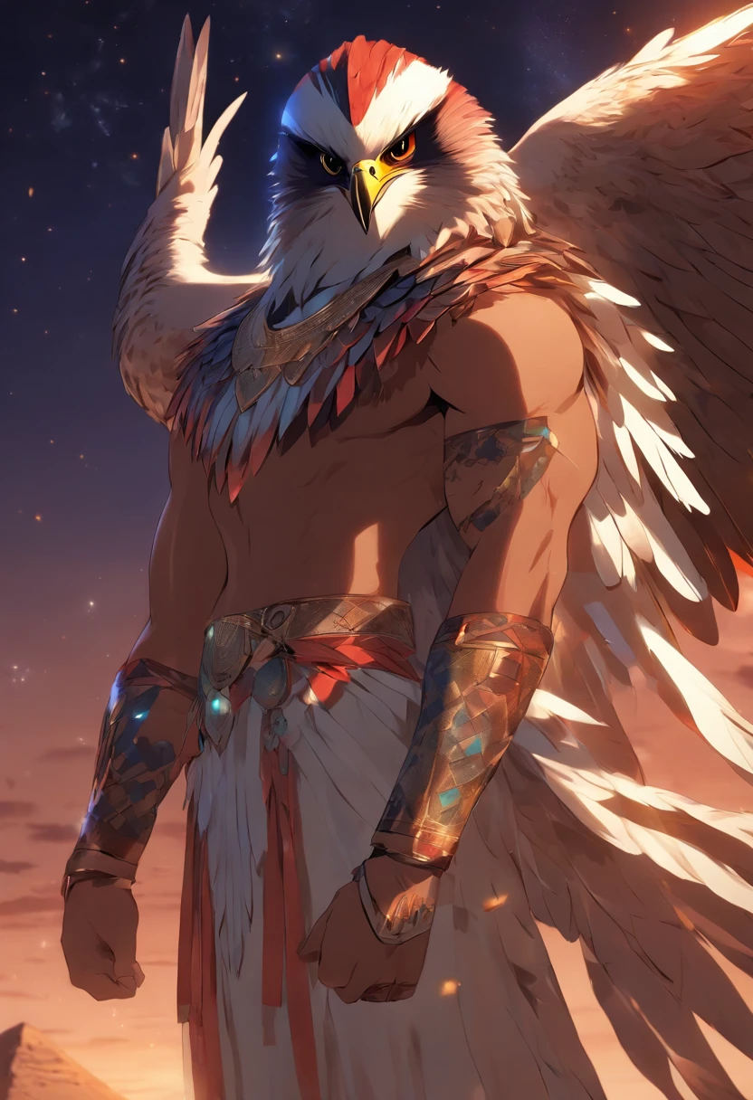 (((Man body and falcon head))) best quality, very high resolution, 4K detailed CG, masterpiece, Egyptian mythology,Khonsu, moonlight,lunar adornment, Ancient Egypt, standing pose, night, white clothes, Egyptian clothes, desert, Ancient Egypt, ((falcon head, man's body)), aesthetics, beautiful image, centered on screen, standing pose