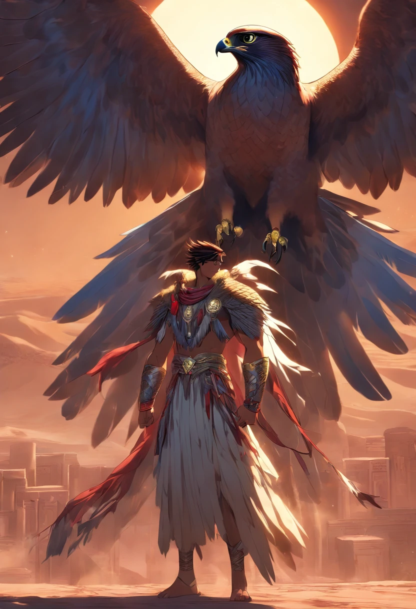 (((Man body and falcon head))) best quality, very high resolution, 4K detailed CG, masterpiece, Egyptian mythology,Khonsu, moonlight,lunar adornment, Ancient Egypt, standing pose, night, white clothes, Egyptian clothes, desert, Ancient Egypt, ((falcon head, man's body)), aesthetics, beautiful image, centered on screen, standing pose