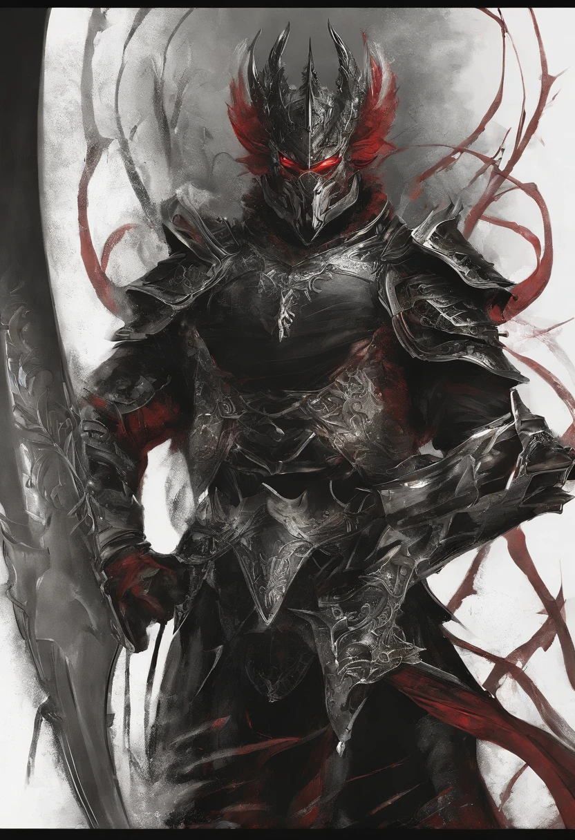 obra maestra, calidad superior,Artes marciales estilo devilcore, apariencia absurdamente hermosa de las artes marciales detalladas por cg, Hombre delgado, alto y musculoso, con guantesletes y botas futuristas, vendajes en los brazos, y piernas donde no tiene armadura, Retrato completo, imponente, dragon negro con linesar rojas en el fondo, Estilo Yoshitaka Amano y Yoji Shinkawa, pintura a tinta, rojo, blanco y negro, Pinceladas audaces, Arte conceptual, Cinematic Motion Lighting, Estilizar, impresionante, Detalles de la entrada por Irakli Nadar 50 --Uplight --s 2