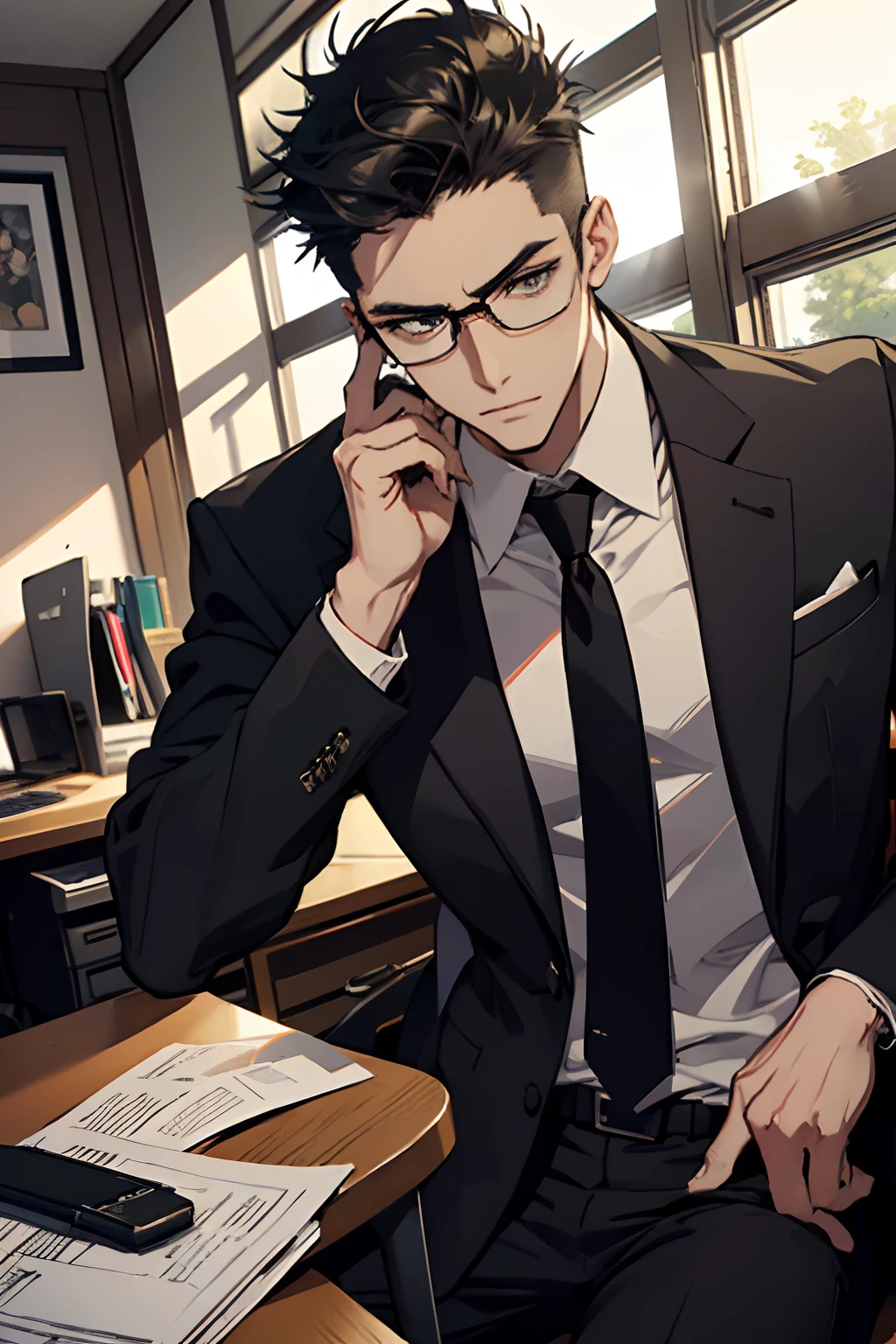 30 years old men, Very short spiked hair, A dark-haired, japanes,Black Frame Glasses,The forehead is out,Single eyelid, Stern look at work,Green suit with white shirt and tie,Lightly tempered tall body,Cross your legs and look at the computer at the office desk,Mug on desk,razor-sharp jawline, sharp gaze, Cold and mysterious character, Very handsome in 8K,Contre-Jour,Sunlight coming in through the window