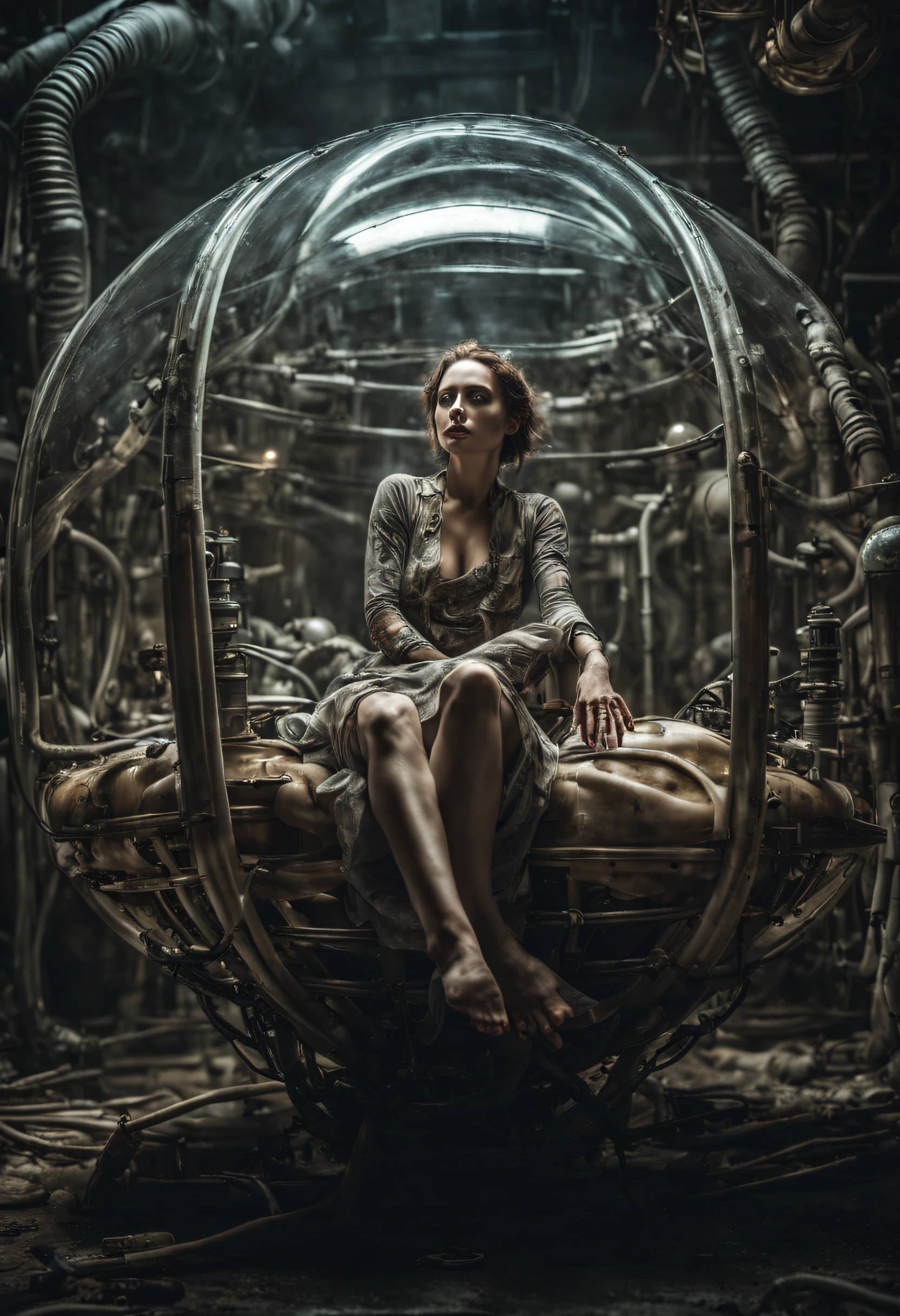 A highly detailed,disturbing photo of a woman in a biomechanical transparent cocoon.Her body is connected to tubes.She is floating in a murky liquid,All the machines and architecture around her are biomechanical,A fusion of flesh and machine,very inspired by H.R.Giger.Rusty,old,dirty,cinematic,4K