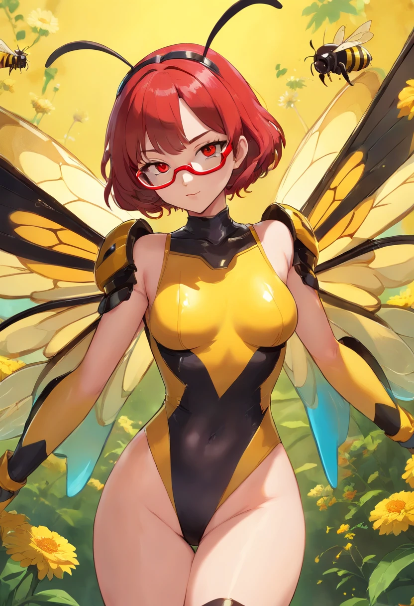 Sexy female villain, bee themed bodysuit, latex, bee wings, stinger, red compound goggles, high heels, sexy