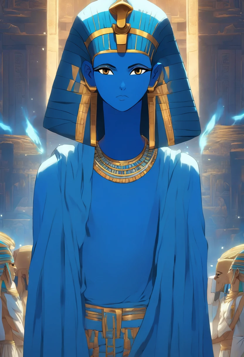 (((Blue head))) best quality, very high resolution, 4K detailed CG, masterpiece, Egyptian mythology,Ptah,Egyptian tomb, Ancient Egypt, standing pose, mummy, white clothes, Egyptian clothes, Egyptian temple, desert, Ancient Egypt, ((mummy god)), Egyptian palace, aesthetics, beautiful image, centered on screen, standing pose