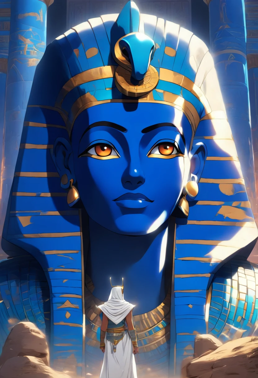 (((Blue head))) best quality, very high resolution, 4K detailed CG, masterpiece, Egyptian mythology,Ptah,Egyptian tomb, Ancient Egypt, standing pose, mummy, white clothes, Egyptian clothes, Egyptian temple, desert, Ancient Egypt, ((mummy god)), Egyptian palace, aesthetics, beautiful image, centered on screen, standing pose