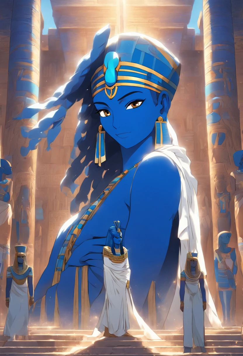 (((Blue head))) best quality, very high resolution, 4K detailed CG, masterpiece, Egyptian mythology,Ptah,Egyptian tomb, Ancient Egypt, standing pose, mummy, white clothes, Egyptian clothes, Egyptian temple, desert, Ancient Egypt, ((mummy god)), Egyptian palace, aesthetics, beautiful image, centered on screen, standing pose