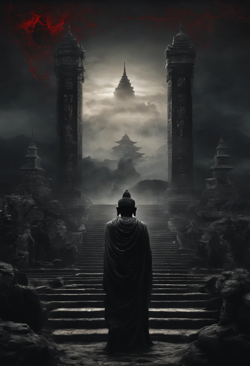 The artwork of the masterpiece is predominantly dark in style，A gorgeous black Buddha statue stands in the distance，Red Eyes, Huge and awesome。Pilgrims on the road slowly advance along the stately stone steps，See this magnificent sight。The details are extremely delicate，It's hard to stop and watch。Official art showcases high-quality craftsmanship，Bring the audience an unimaginable visual experience。This painting is a HD 8K wallpaper，Will lead you into a mysterious and sacred world。